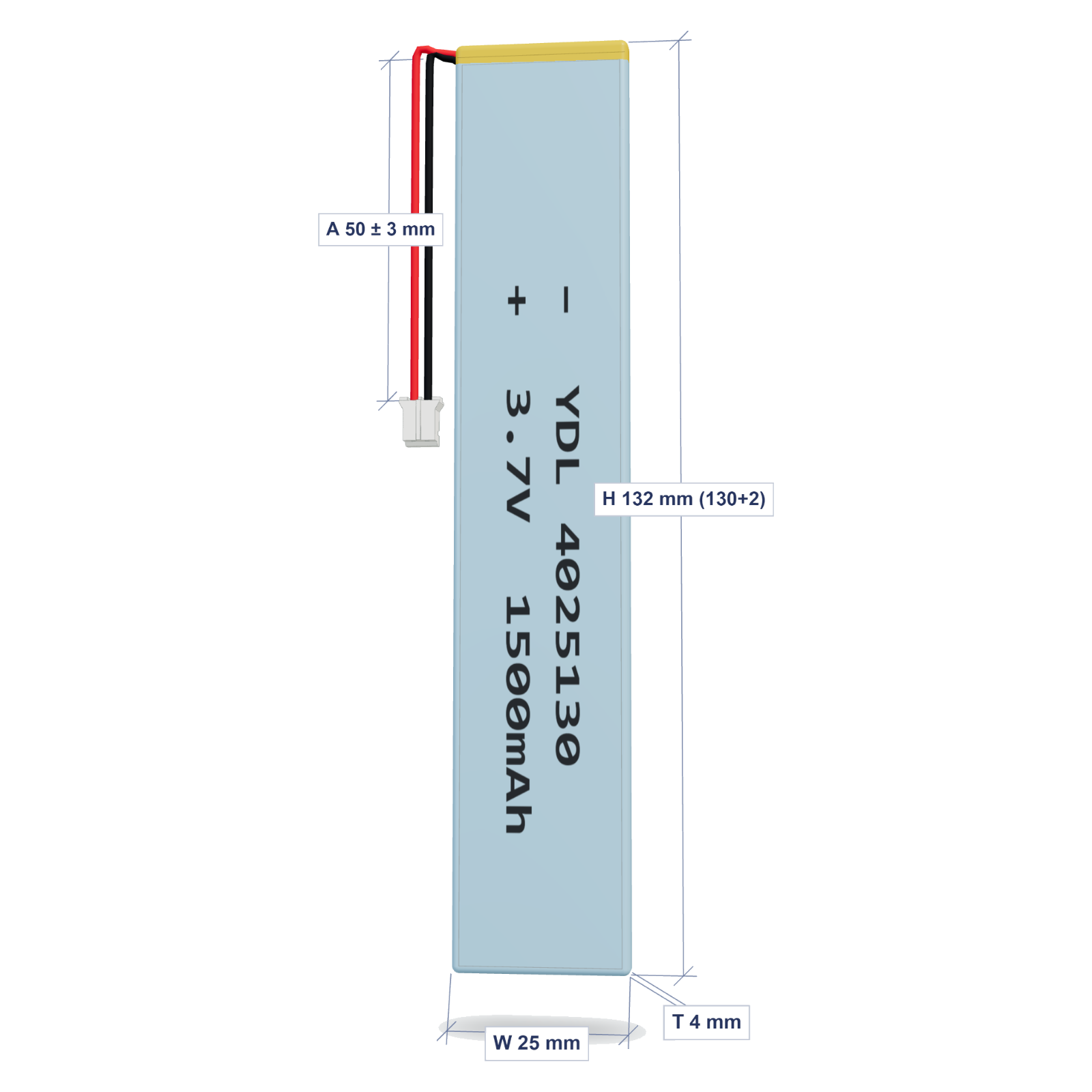 YDL 4025130 1500mAh 3.7V LiPo battery, 4x25x132mm, PH2.0 connector, 50mm 26AWG leads