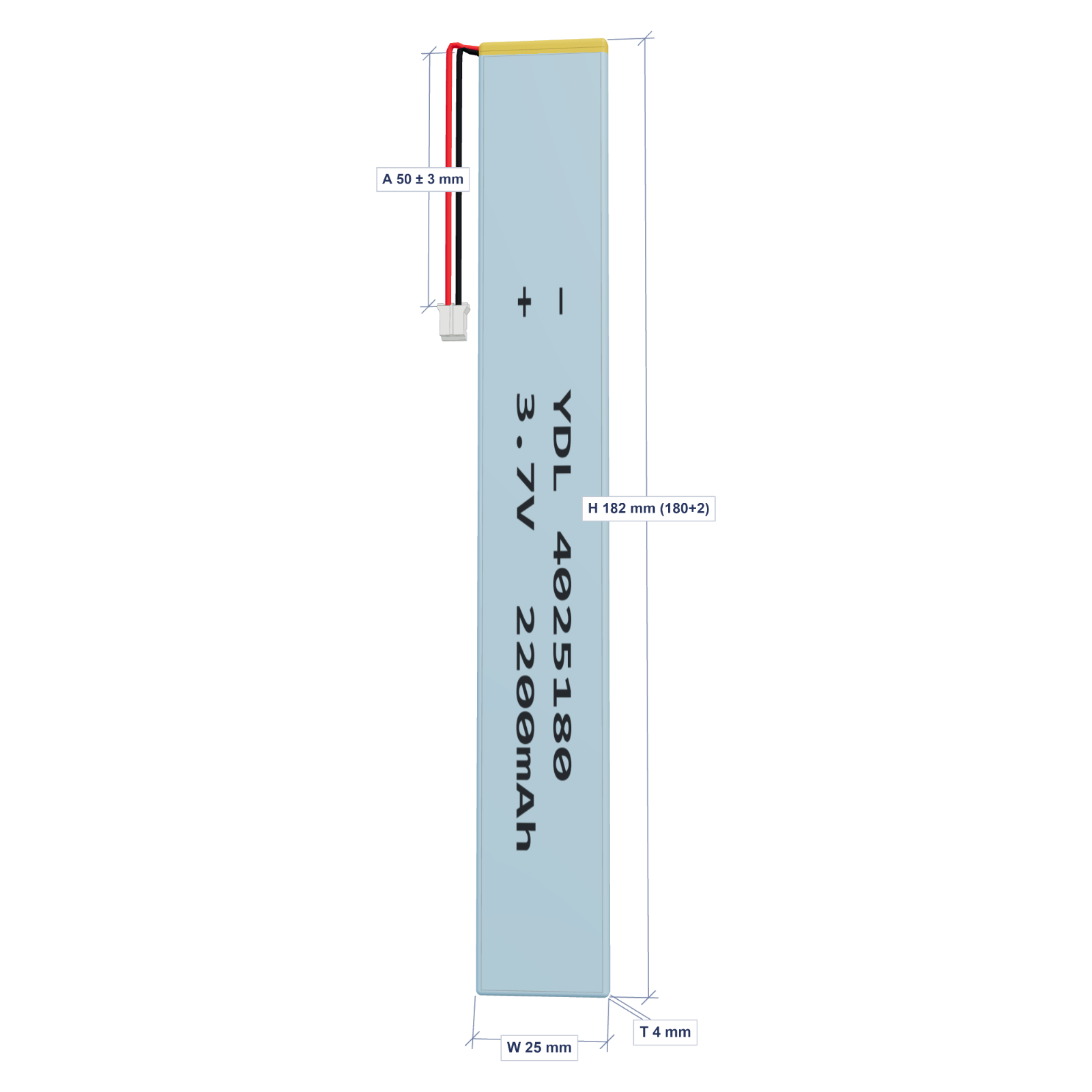 YDL 4025180 2200mAh 3.7V LiPo battery, 4x25x182mm, PH2.0 connector, 50mm 26AWG leads