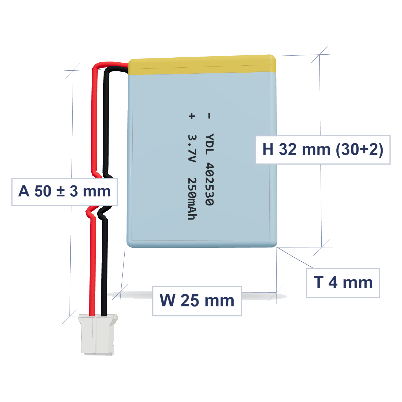 YDL 402530 250mAh 3.7V lithium polymer battery 4x25x32mm with PH2.0 connector and 50mm 28AWG wire, dimensioned 3D view