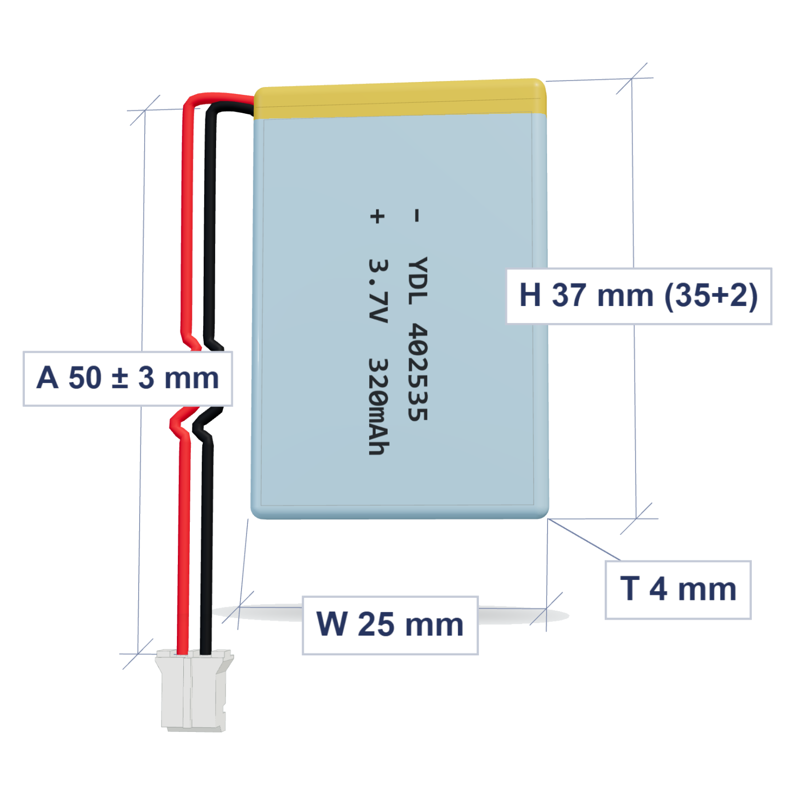 YDL 402535 320mAh 3.7V LiPo battery, 4x25x37mm, PH2.0 connector, 50mm 28AWG leads