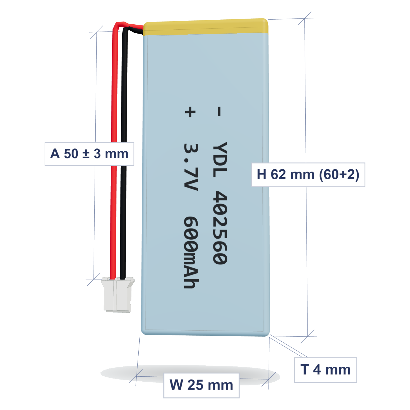 YDL 402560 600mAh 3.7V LiPo battery, 4x25x62mm, PH2.0 connector, 50mm 26AWG leads