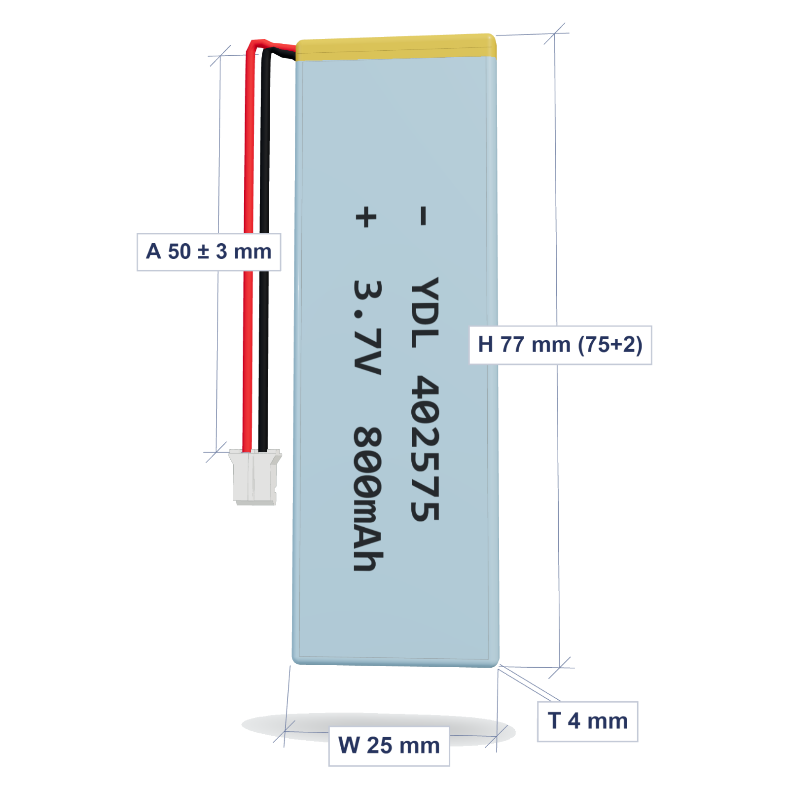 YDL 402575 800mAh 3.7V LiPo battery, 4x25x77mm, PH2.0 connector, 50mm 26AWG leads
