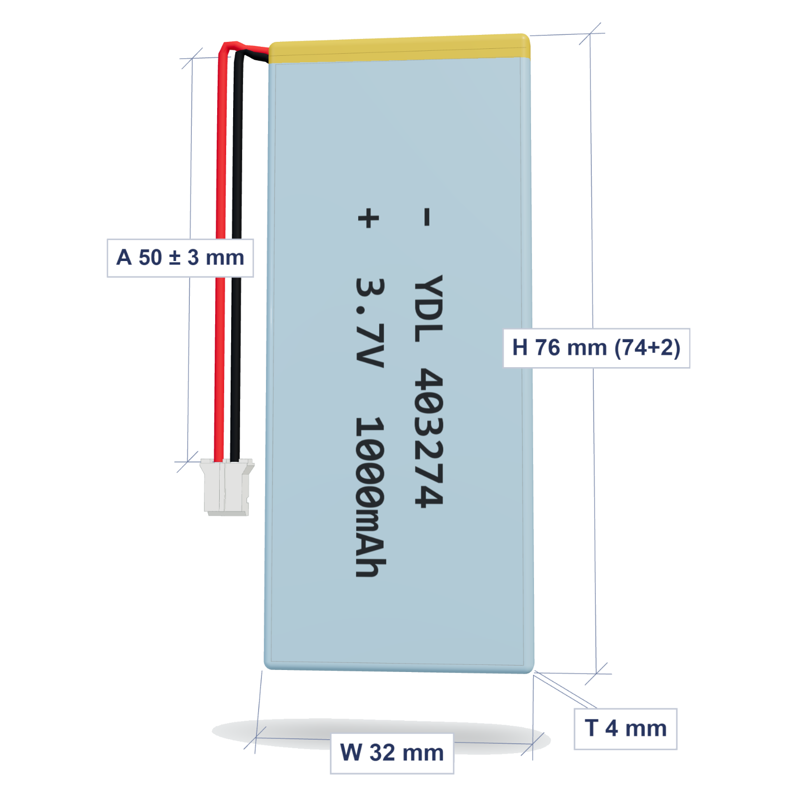 YDL 403274 1000mAh dimensions 4x32x74mm, 50mm 26AWG leads