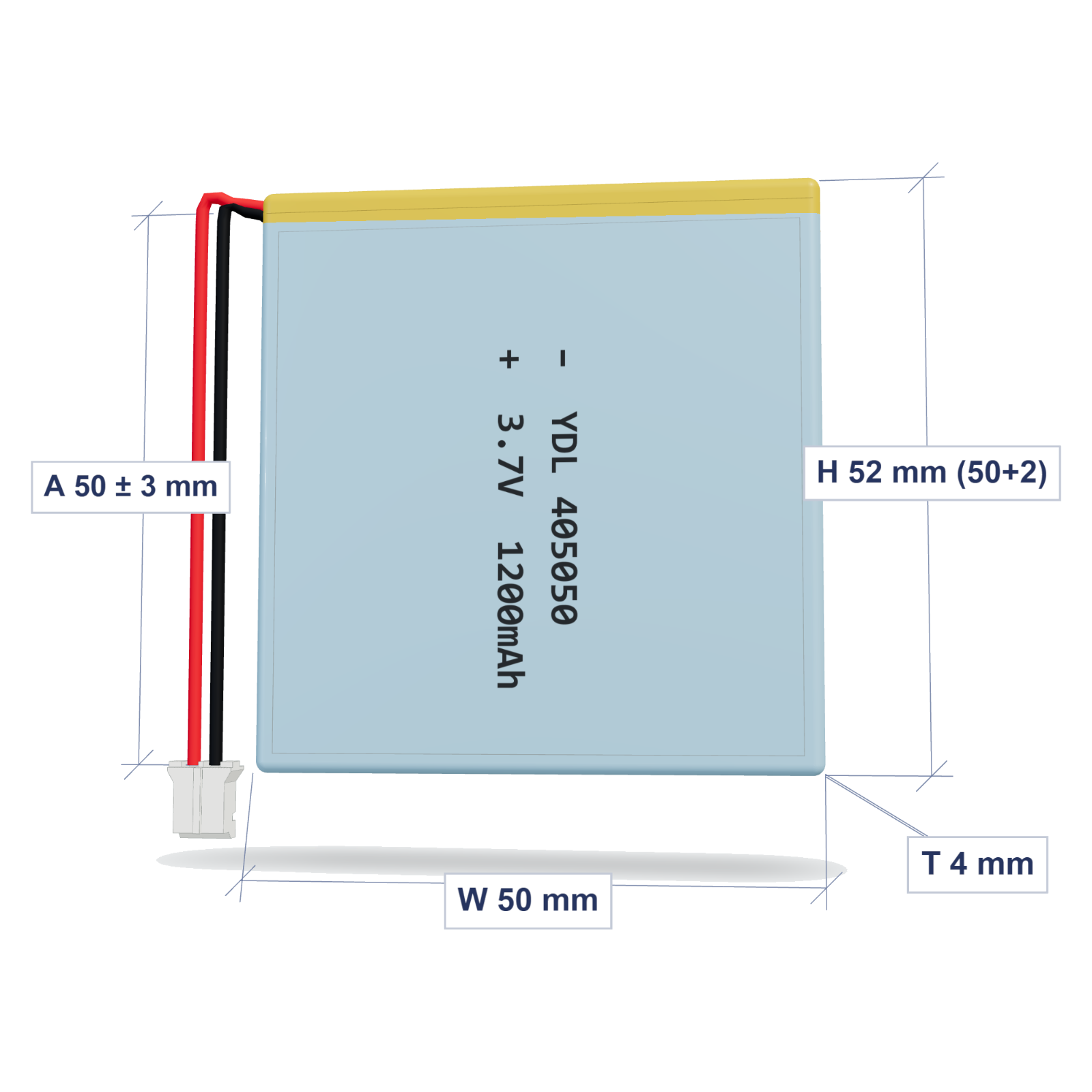 YDL 405050 1200mAh dimensions 4x50x52mm, 50mm 26AWG leads