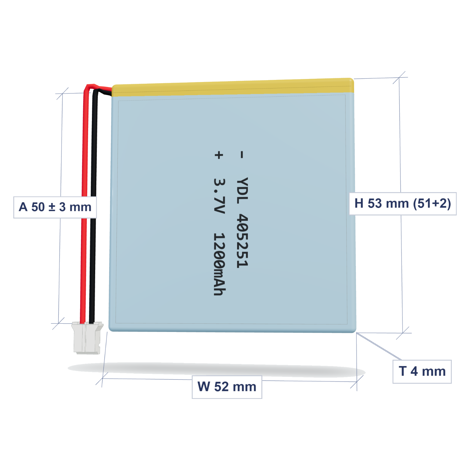 YDL 405251 1200mAh dimensions 4x52x53mm, 50mm 26AWG leads