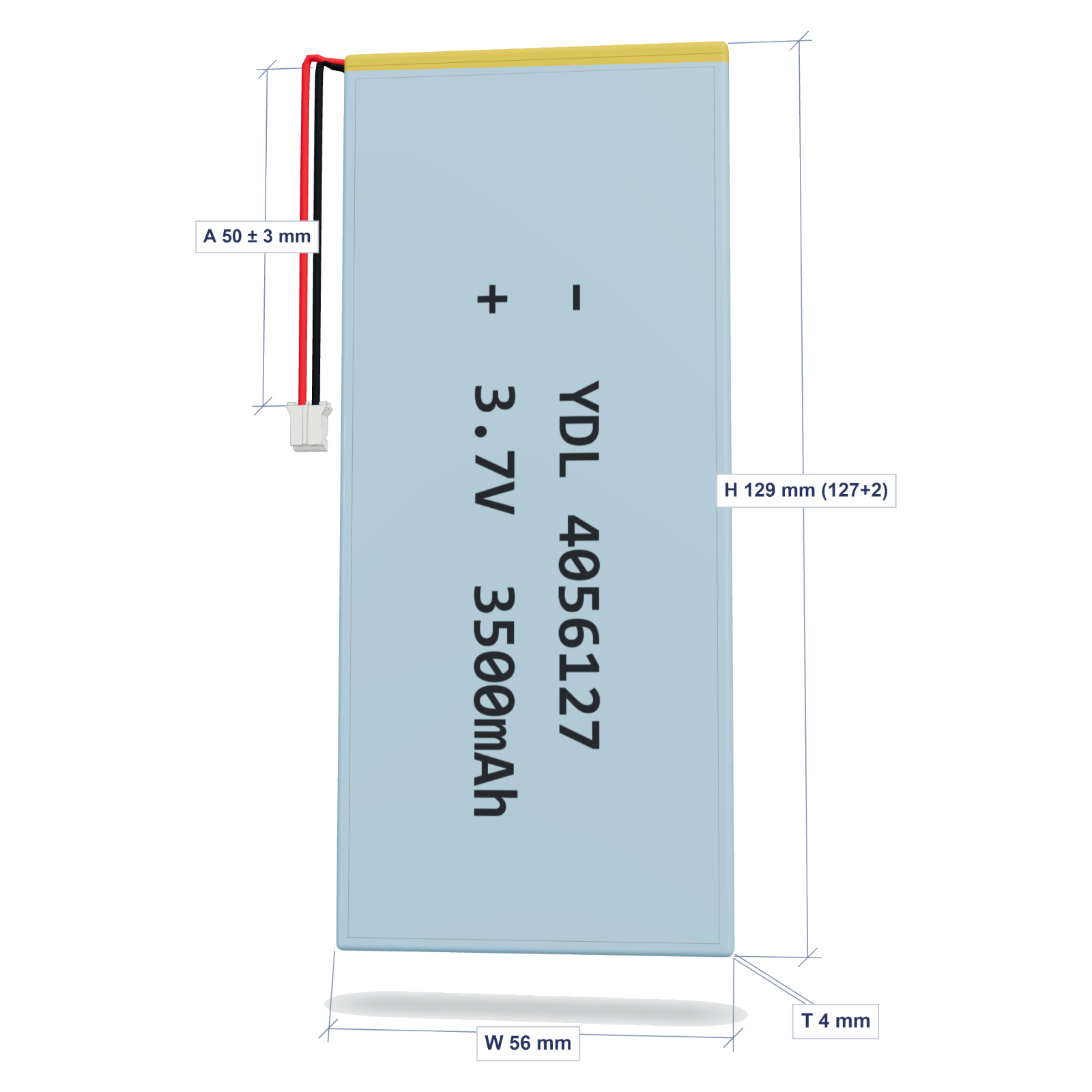 YDL 4056127 3500mAh dimensions 4x56x129mm, 50mm 26AWG leads