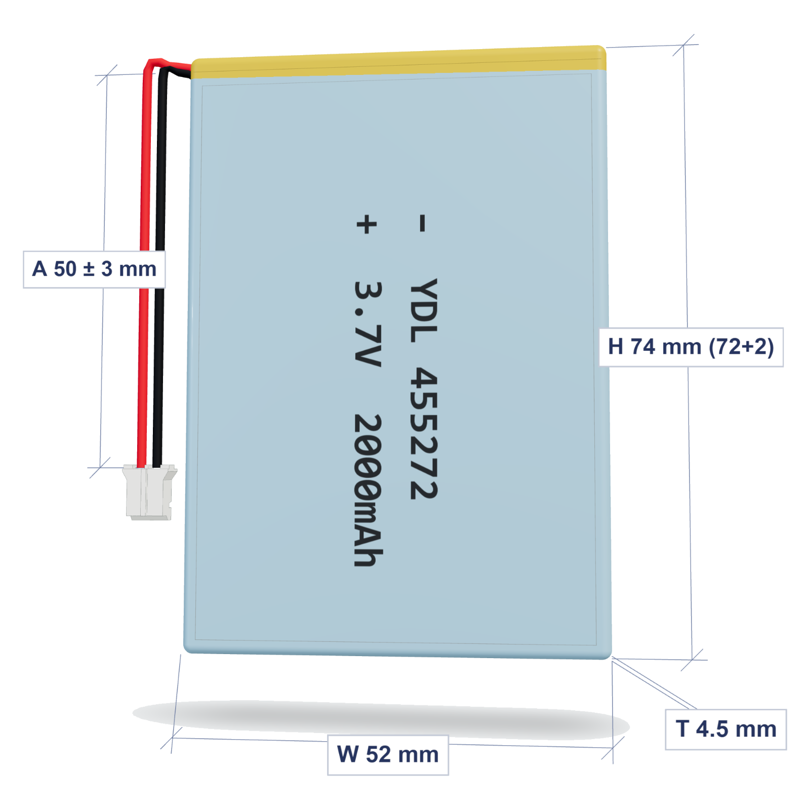 YDL 455272 2000mAh dimensions 4.5x52x74mm, 50mm 26AWG leads