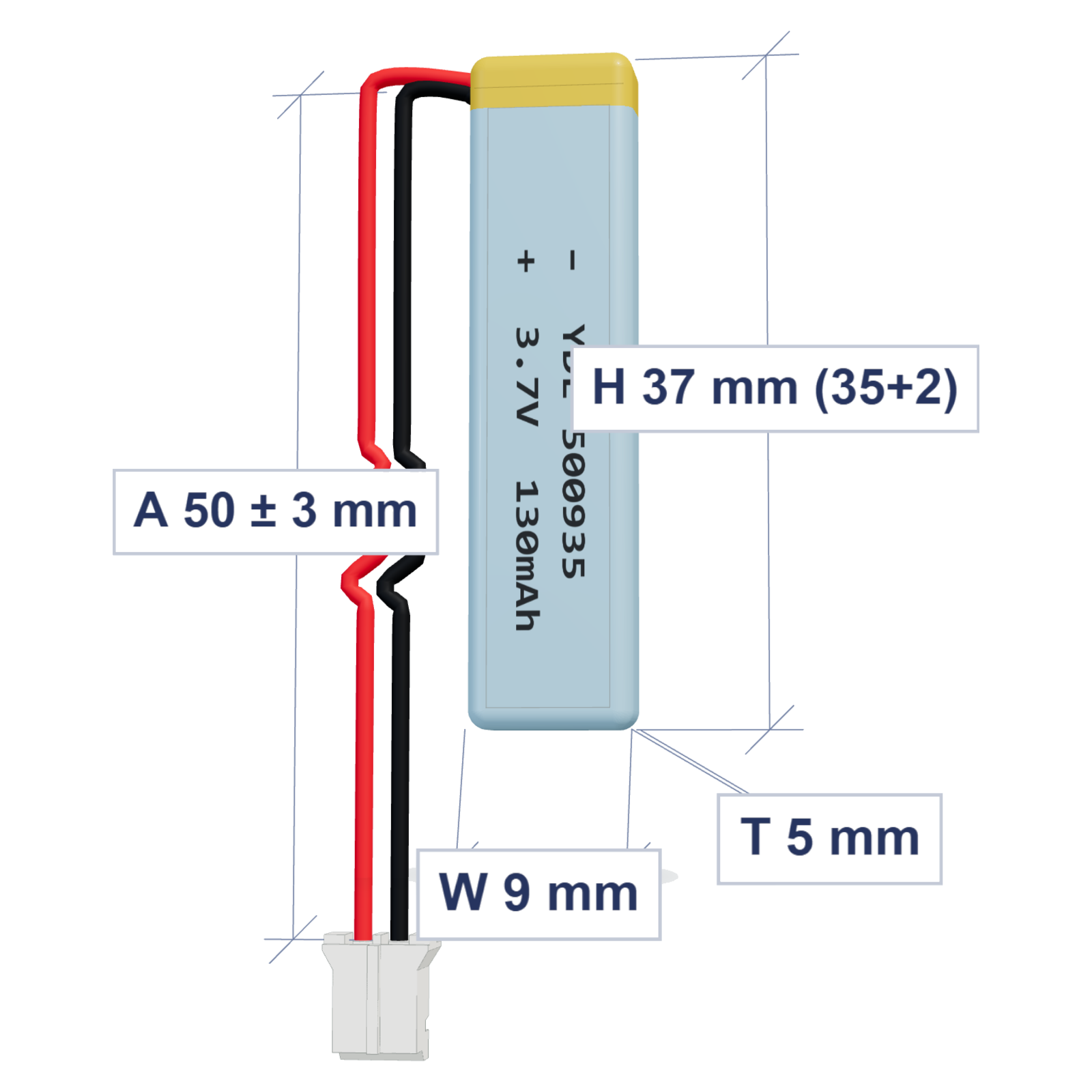 YDL 500935 130mAh 3.7V LiPo battery, 5x9x37mm, PH2.0 connector, 50mm 28AWG leads
