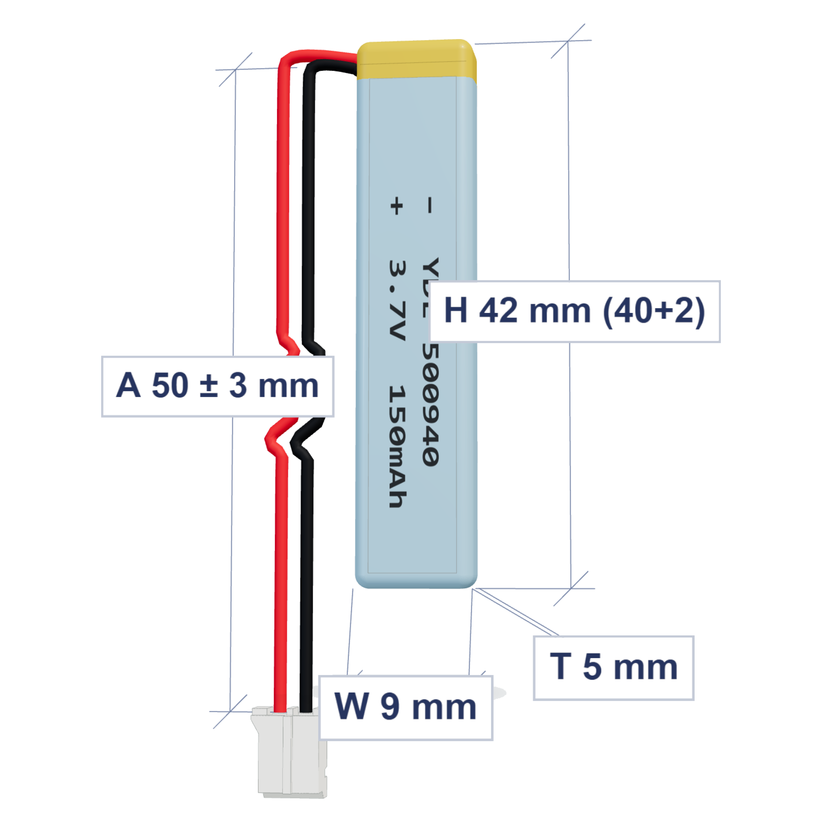 YDL 500940 150mAh 3.7V LiPo battery, 5x9x42mm, PH2.0 connector, 50mm 28AWG leads
