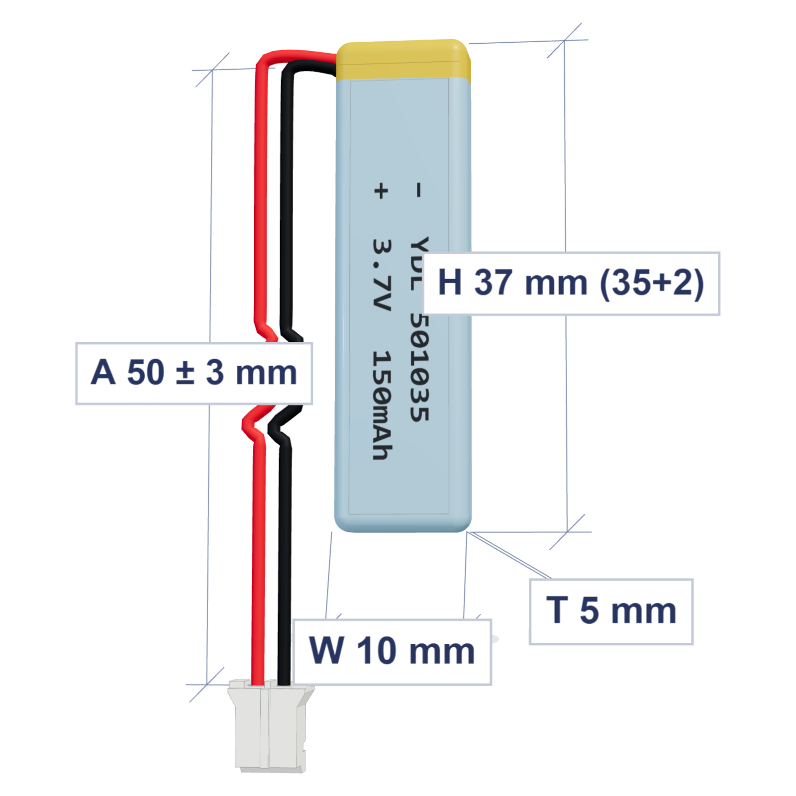 YDL 501035 150mAh 3.7V LiPo battery, 5x10x37mm, PH2.0 connector, 50mm 28AWG leads