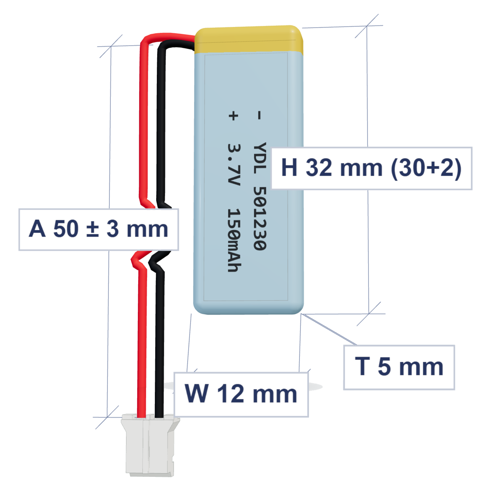 YDL 501230 150mAh 3.7V LiPo battery, 5x12x32mm, PH2.0 connector, 50mm 28AWG leads