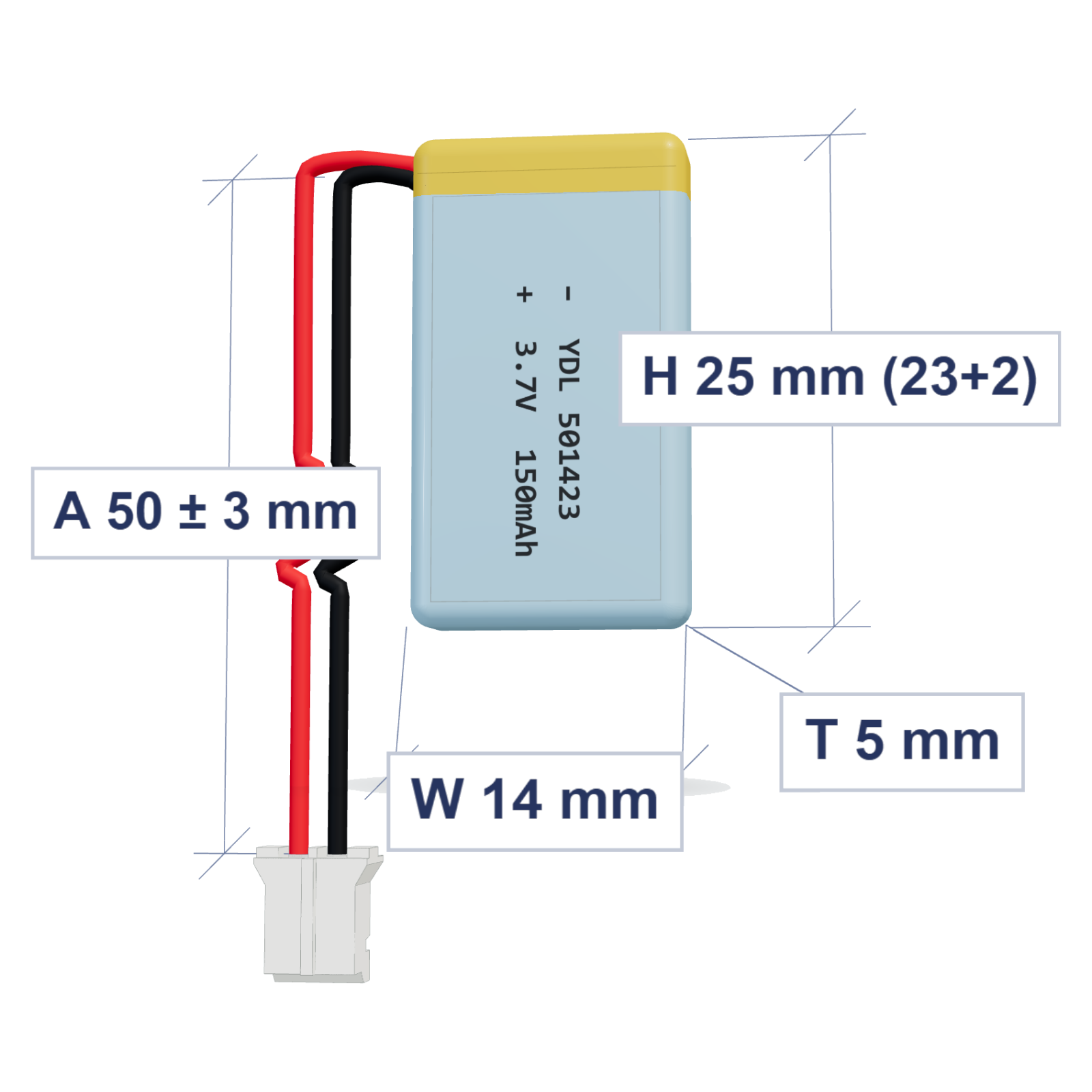 YDL 501423 150mAh 3.7V lithium polymer battery 5x14x25mm with PH2.0 connector and 50mm 28AWG wire, dimensioned 3D view