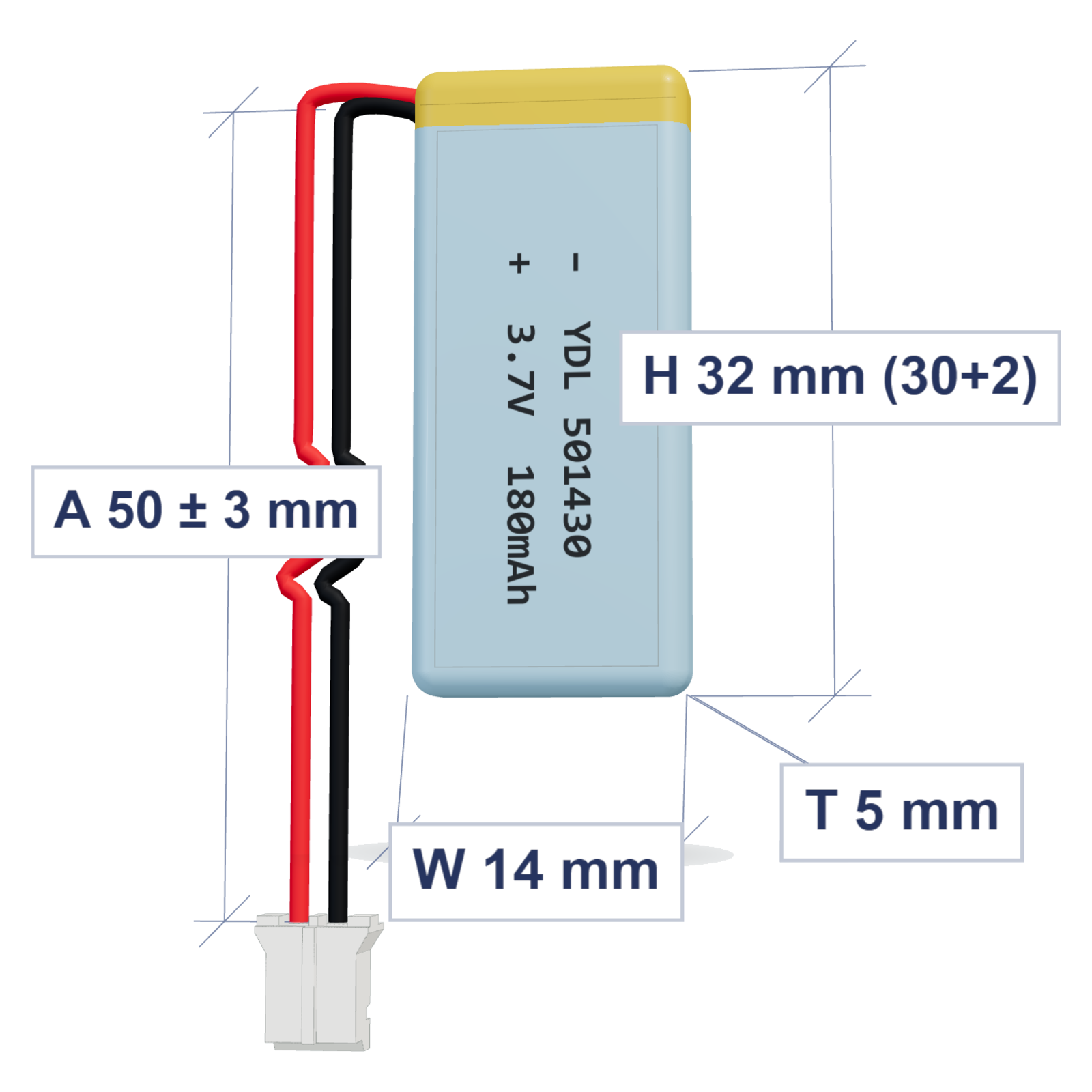 YDL 501430 180mAh 3.7V LiPo battery, 5x14x32mm, PH2.0 connector, 50mm 28AWG leads