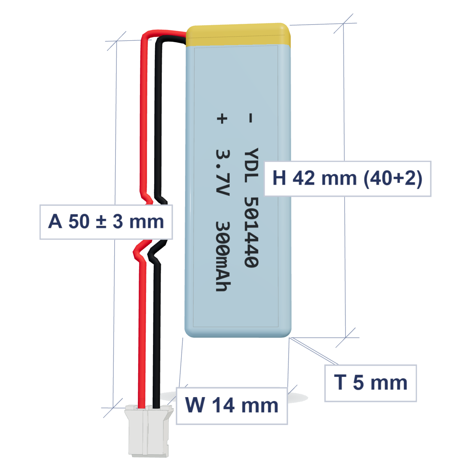 YDL 501440 300mAh 3.7V LiPo battery, 5x14x42mm, PH2.0 connector, 50mm 28AWG leads