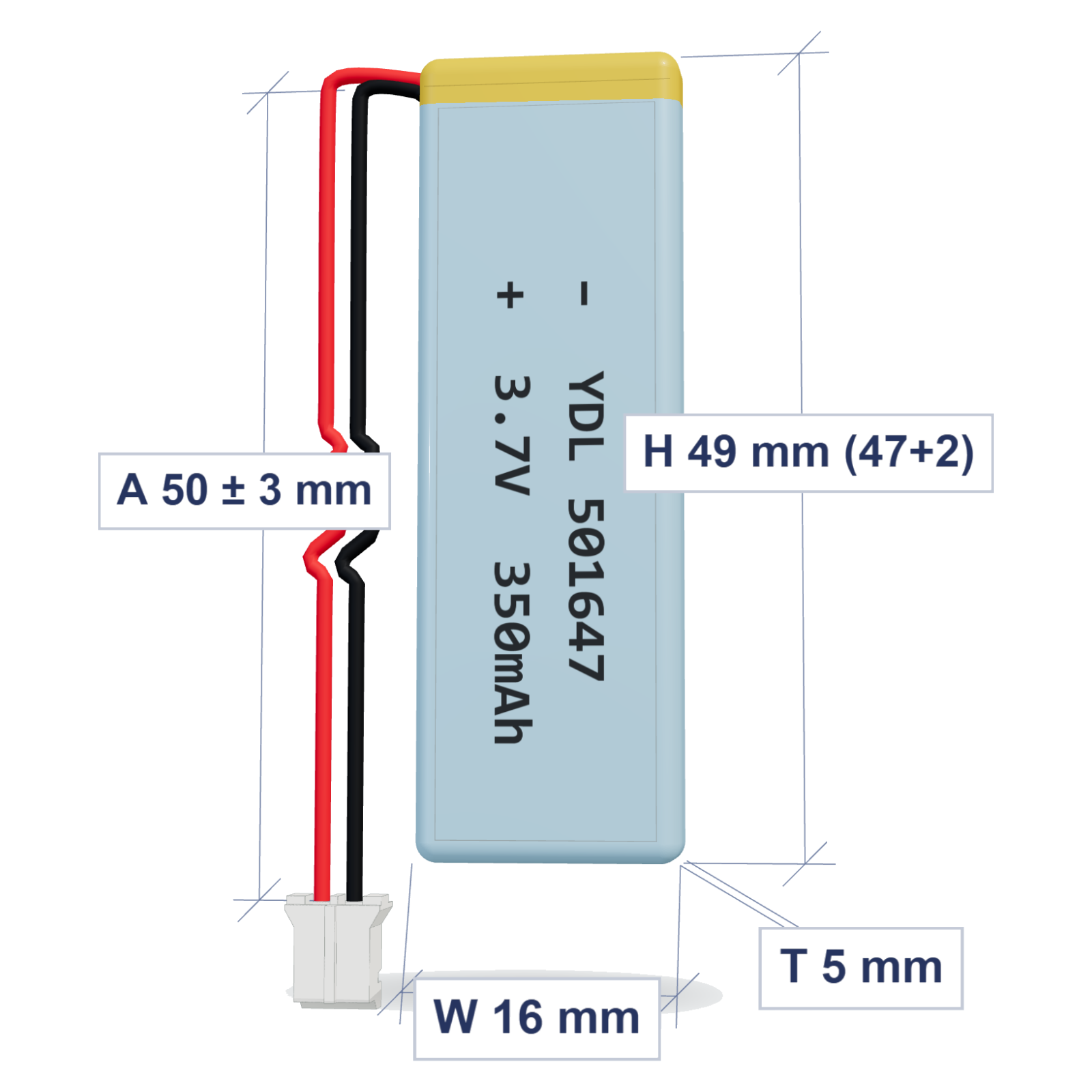 YDL 501647 350mAh dimensions 5x16x49mm, 50mm 28AWG leads