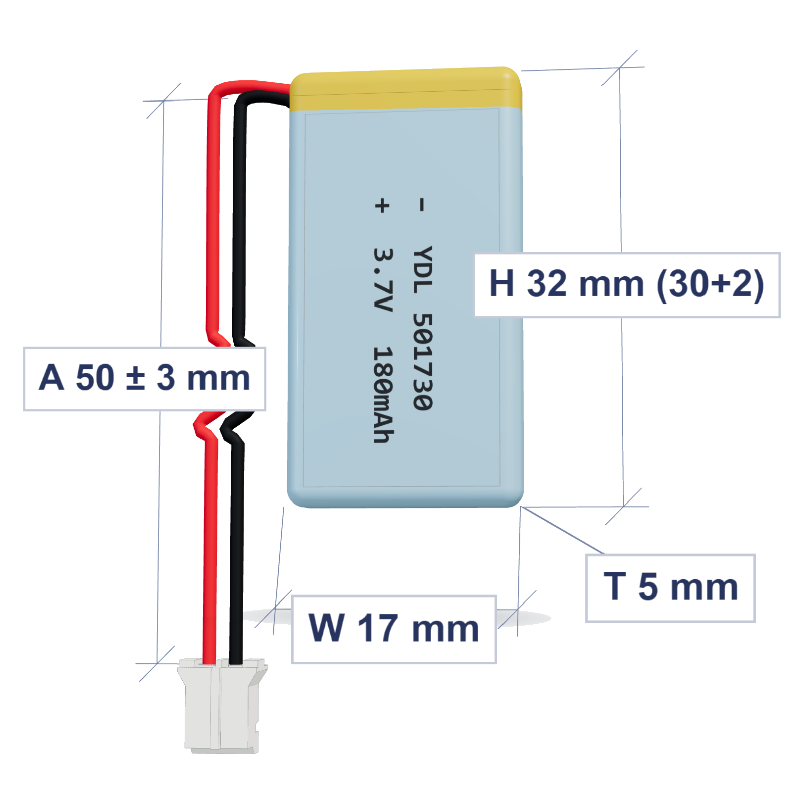 YDL 501730 180mAh 3.7V LiPo battery, 5x17x32mm, PH2.0 connector, 50mm 28AWG leads