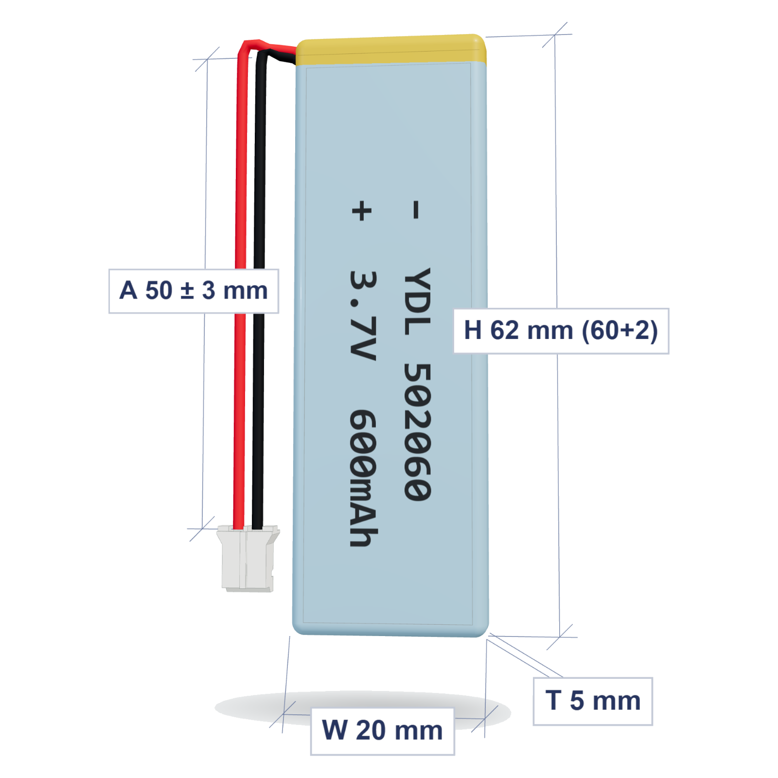 YDL 502060 600mAh 3.7V LiPo battery, 5x20x62mm, PH2.0 connector, 50mm 26AWG leads