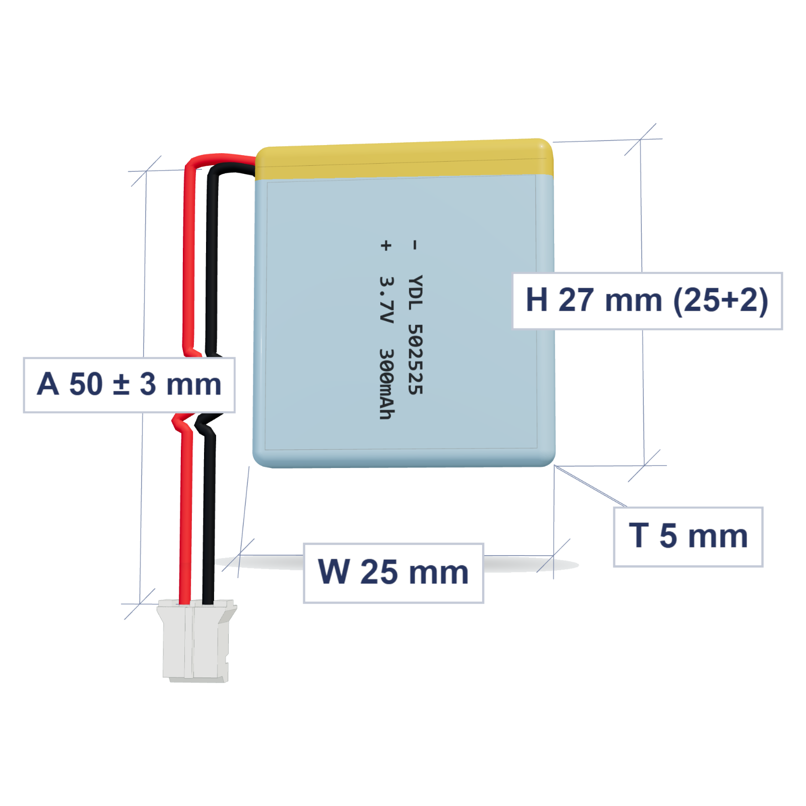 YDL 502525 300mAh 3.7V LiPo battery, 5x25x27mm, PH2.0 connector, 50mm 28AWG leads