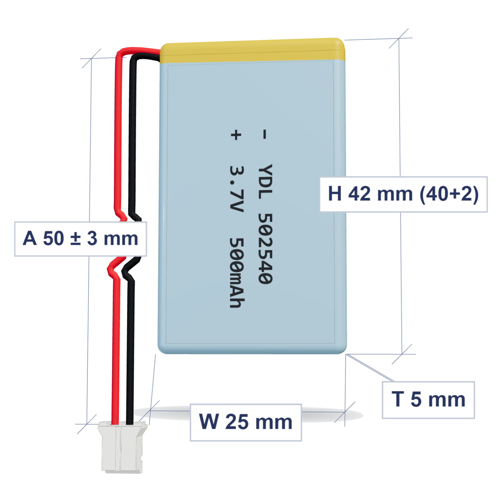 YDL 502540 500mAh 3.7V LiPo battery, 5x25x42mm, PH2.0 connector, 50mm 28AWG leads
