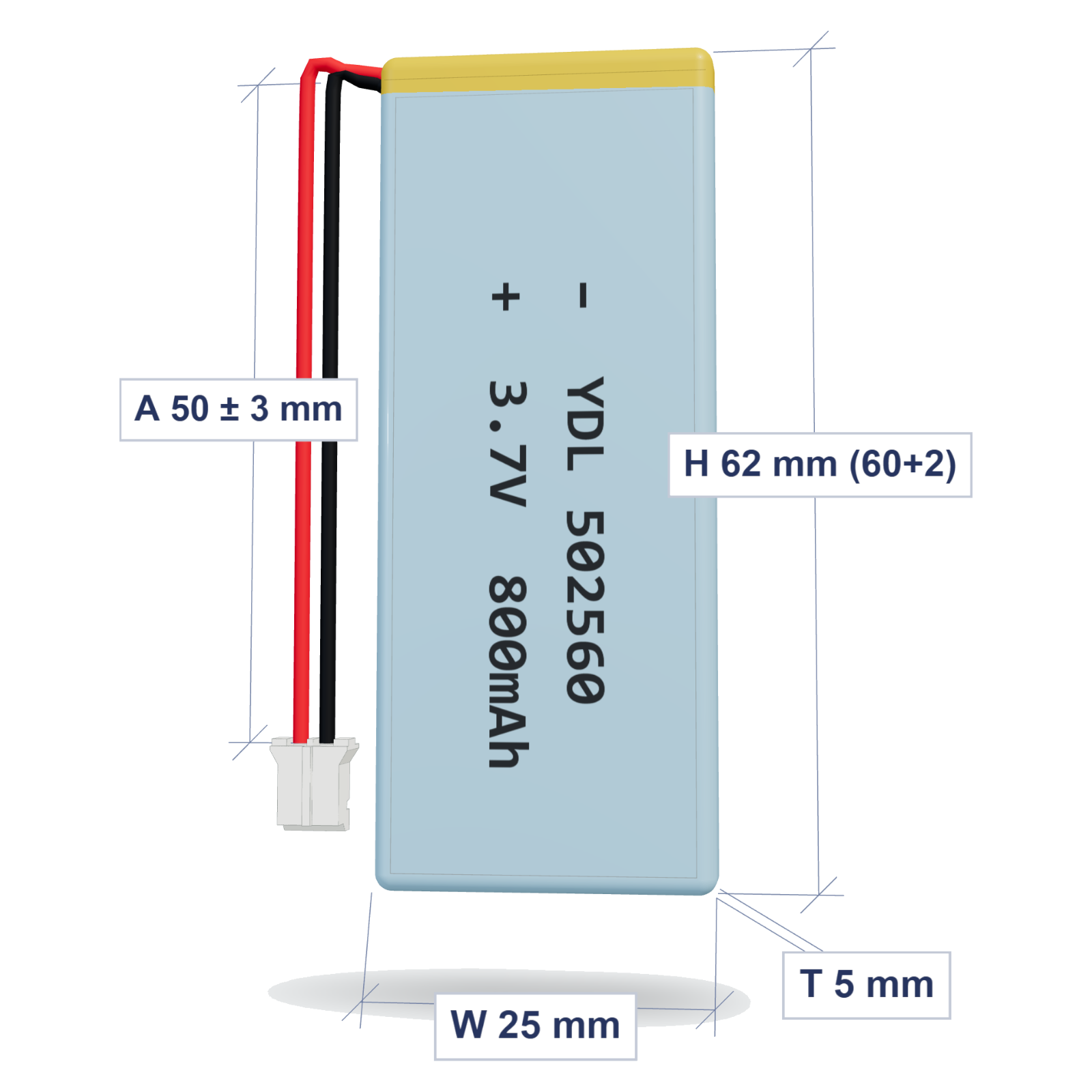 YDL 502560 800mAh 3.7V LiPo battery, 5x25x62mm, PH2.0 connector, 50mm 26AWG leads