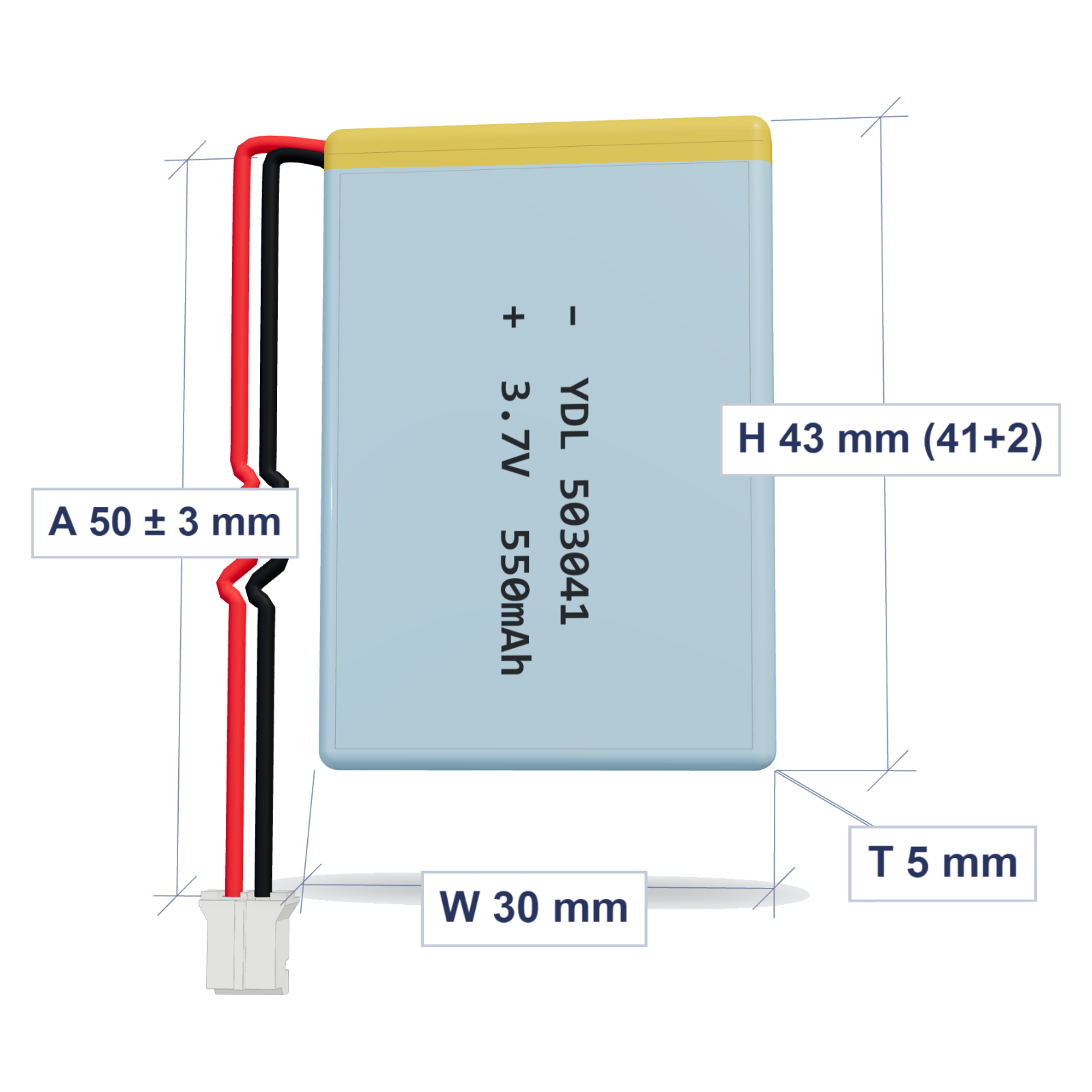 YDL 503041 550mAh dimensions 5x30x43mm, 50mm 26AWG leads