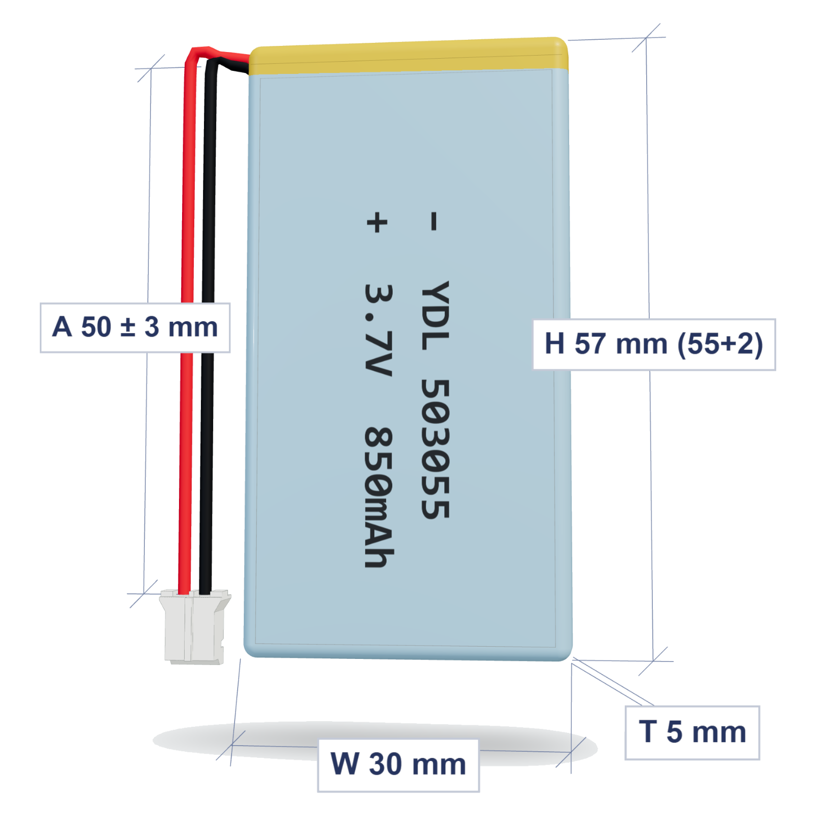 YDL 503055 850mAh dimensions 5x30x57mm, 50mm 26AWG leads