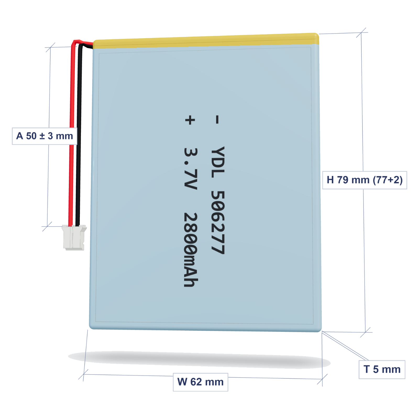 YDL 506277 2800mAh dimensions 5x62x79mm, 50mm 26AWG leads