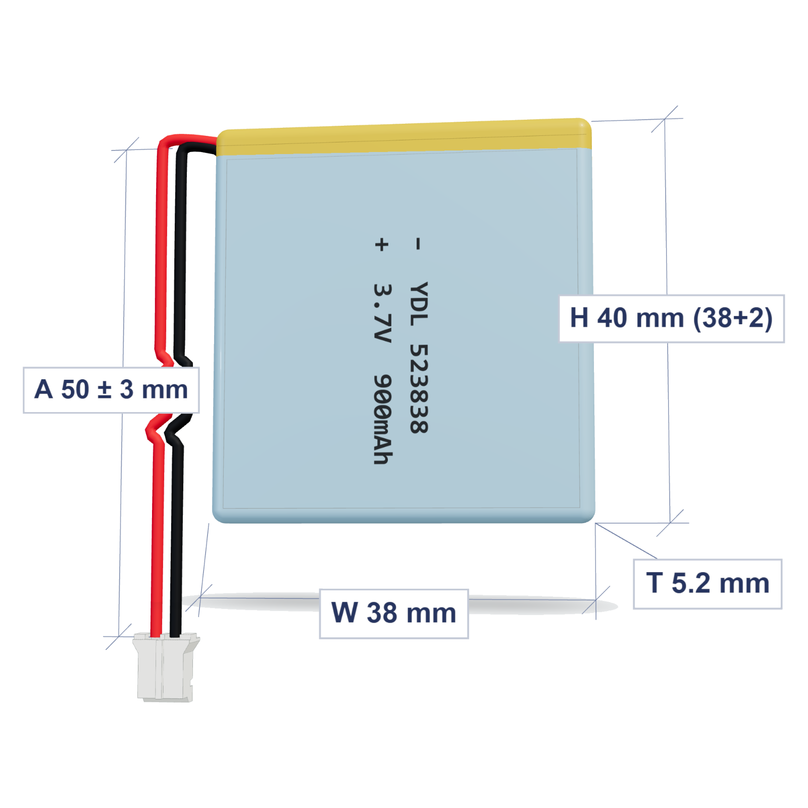 YDL 523838 900mAh dimensions 5.2x38x40mm, 50mm 26AWG leads