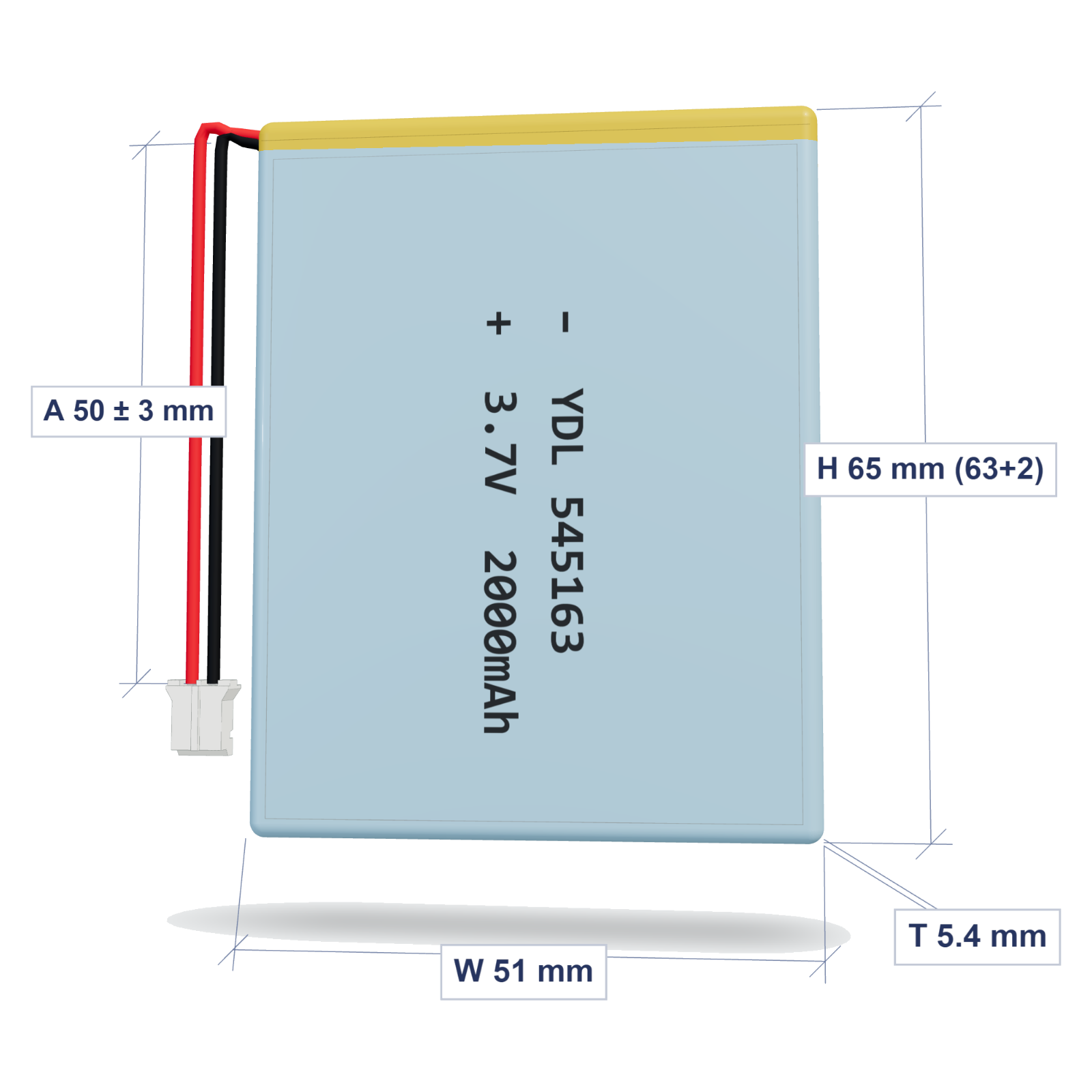 YDL 545163 2000mAh dimensions 5.4x51x65mm, 50mm 26AWG leads
