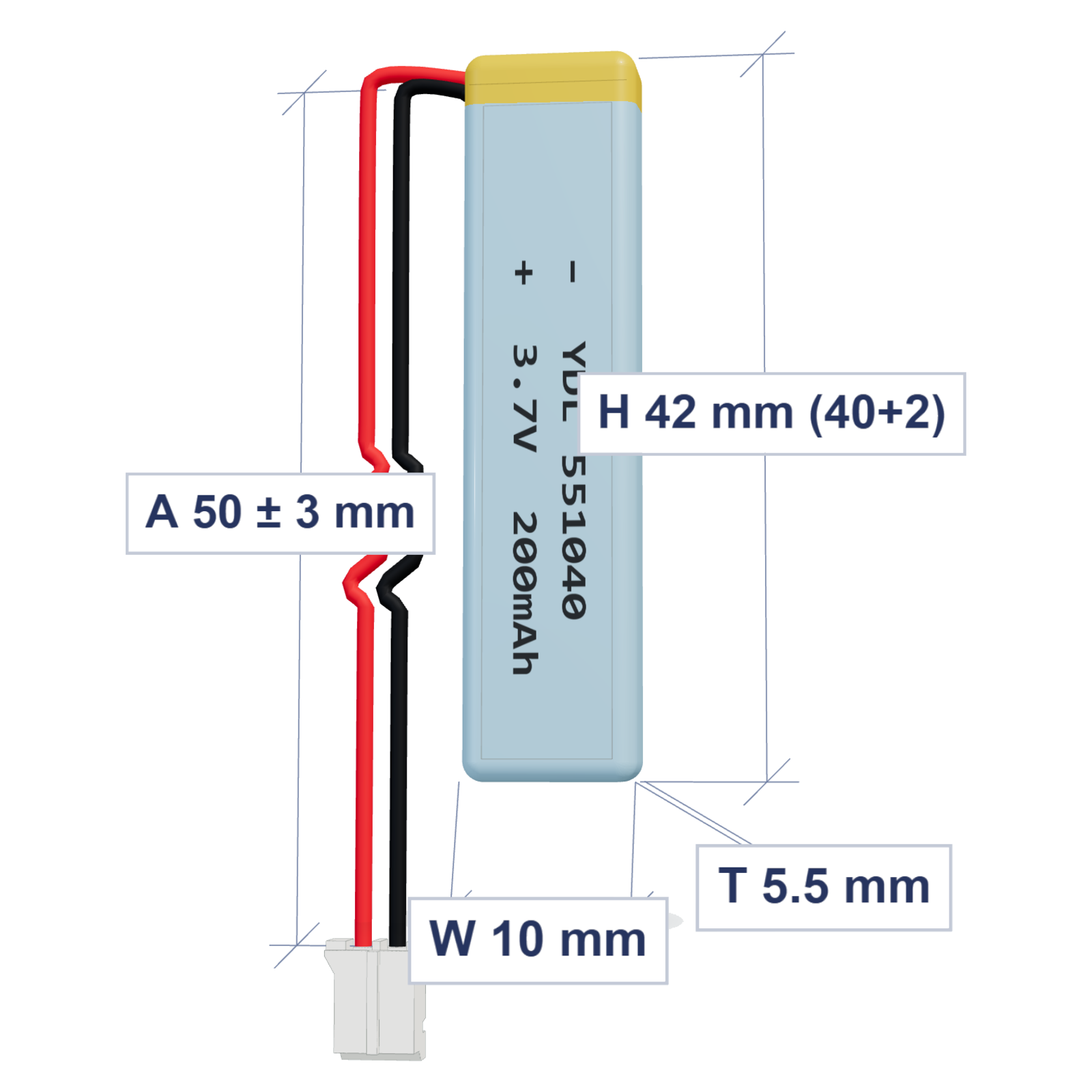 YDL 551040 200mAh 3.7V LiPo battery, 5.5x10x42mm, PH2.0 connector, 50mm 28AWG leads