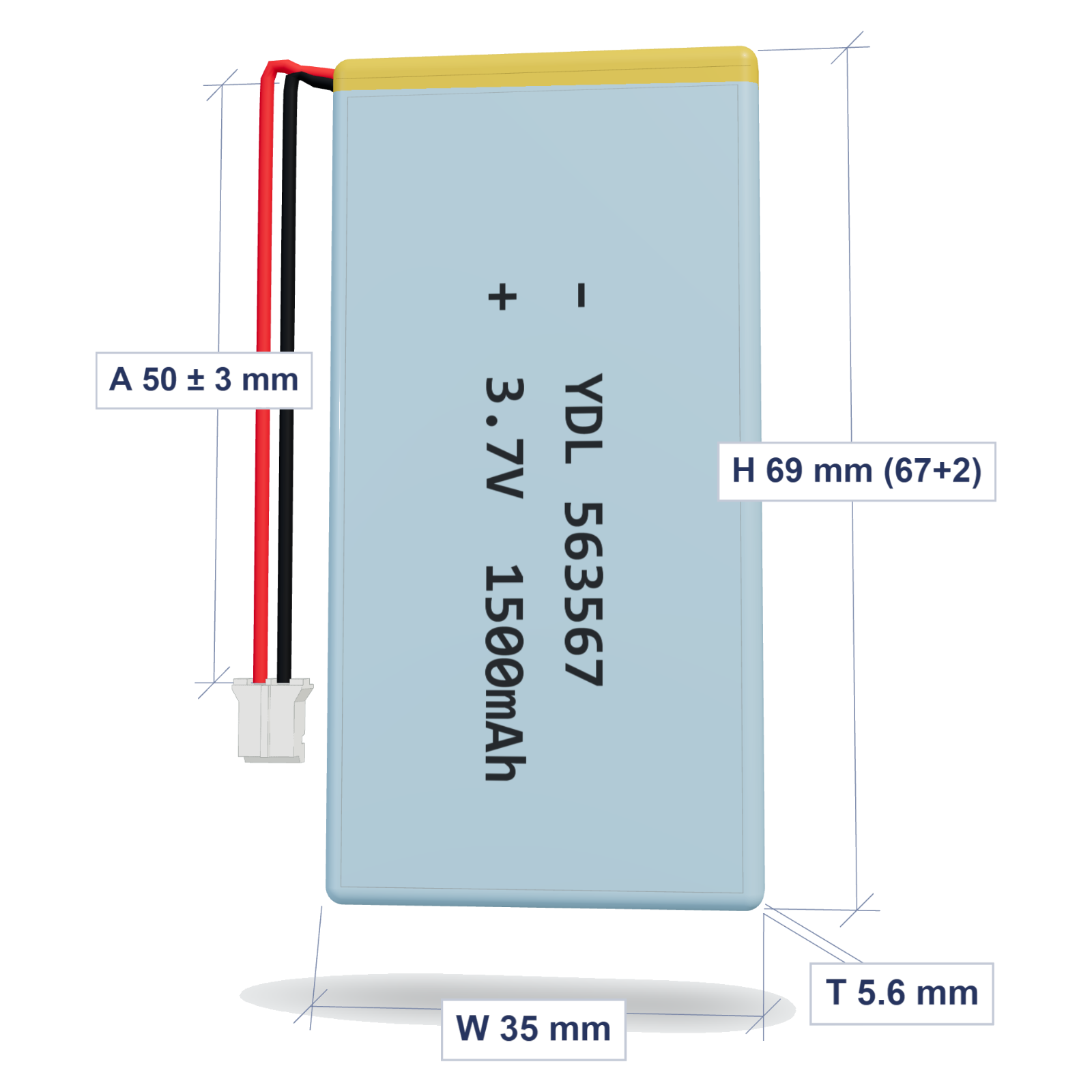 YDL 563567 1500mAh dimensions 5.6x35x69mm, 50mm 26AWG leads