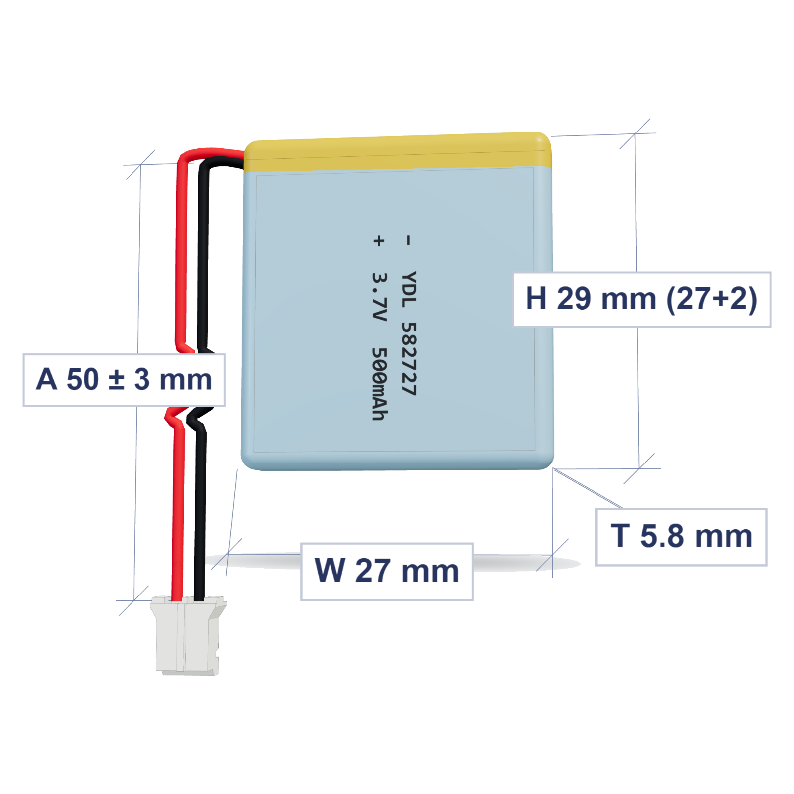 YDL 582727 500mAh 3.7V LiPo battery, 5.8x27x29mm, PH2.0 connector, 50mm 28AWG leads
