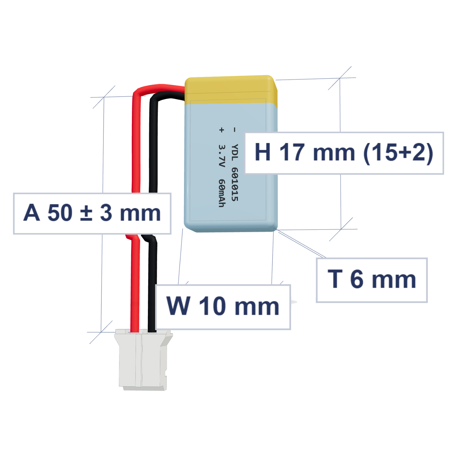 YDL 601015 60mAh 3.7V LiPo battery, 6x10x17mm, PH2.0 connector, 50mm 28AWG leads