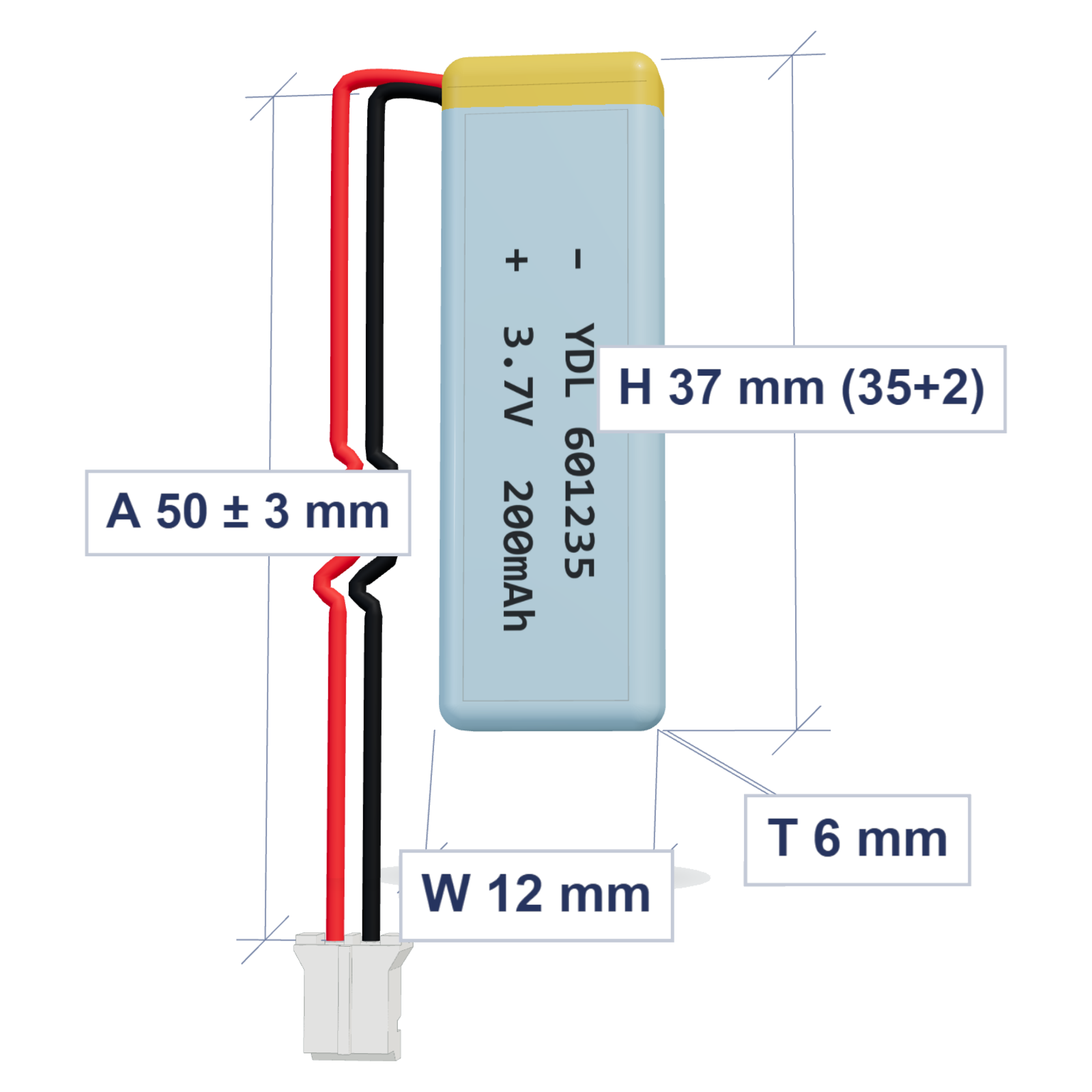 YDL 601235 200mAh 3.7V LiPo battery, 6x12x37mm, PH2.0 connector, 50mm 28AWG leads
