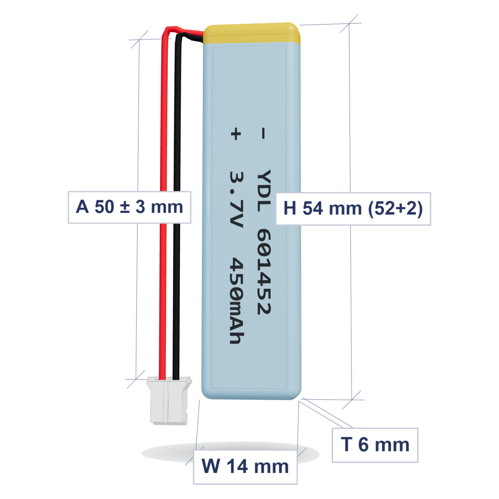 YDL 601452 450mAh 3.7V LiPo battery, 6x14x54mm, PH2.0 connector, 50mm 28AWG leads