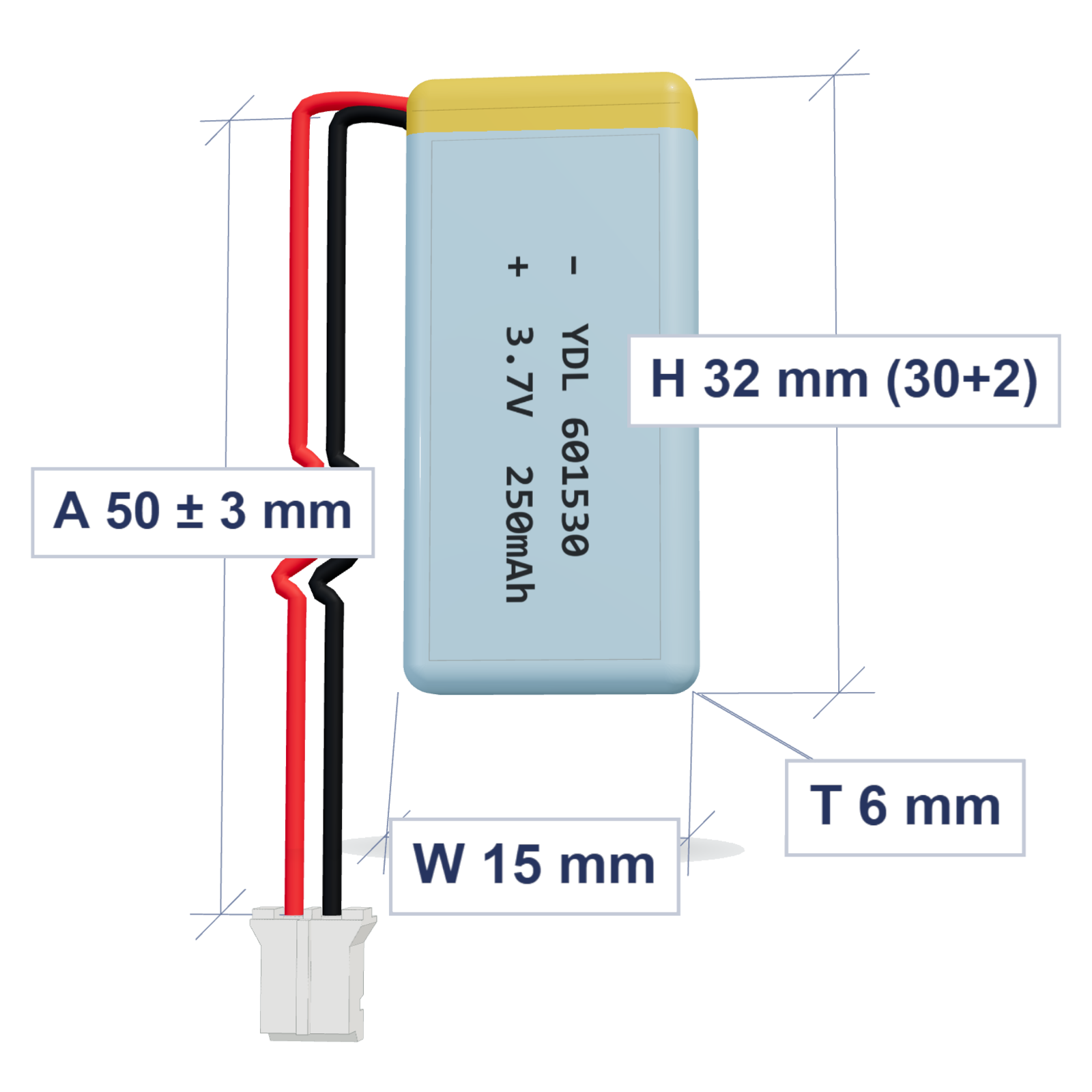YDL 601530 250mAh 3.7V LiPo battery, 6x15x32mm, PH2.0 connector, 50mm 28AWG leads
