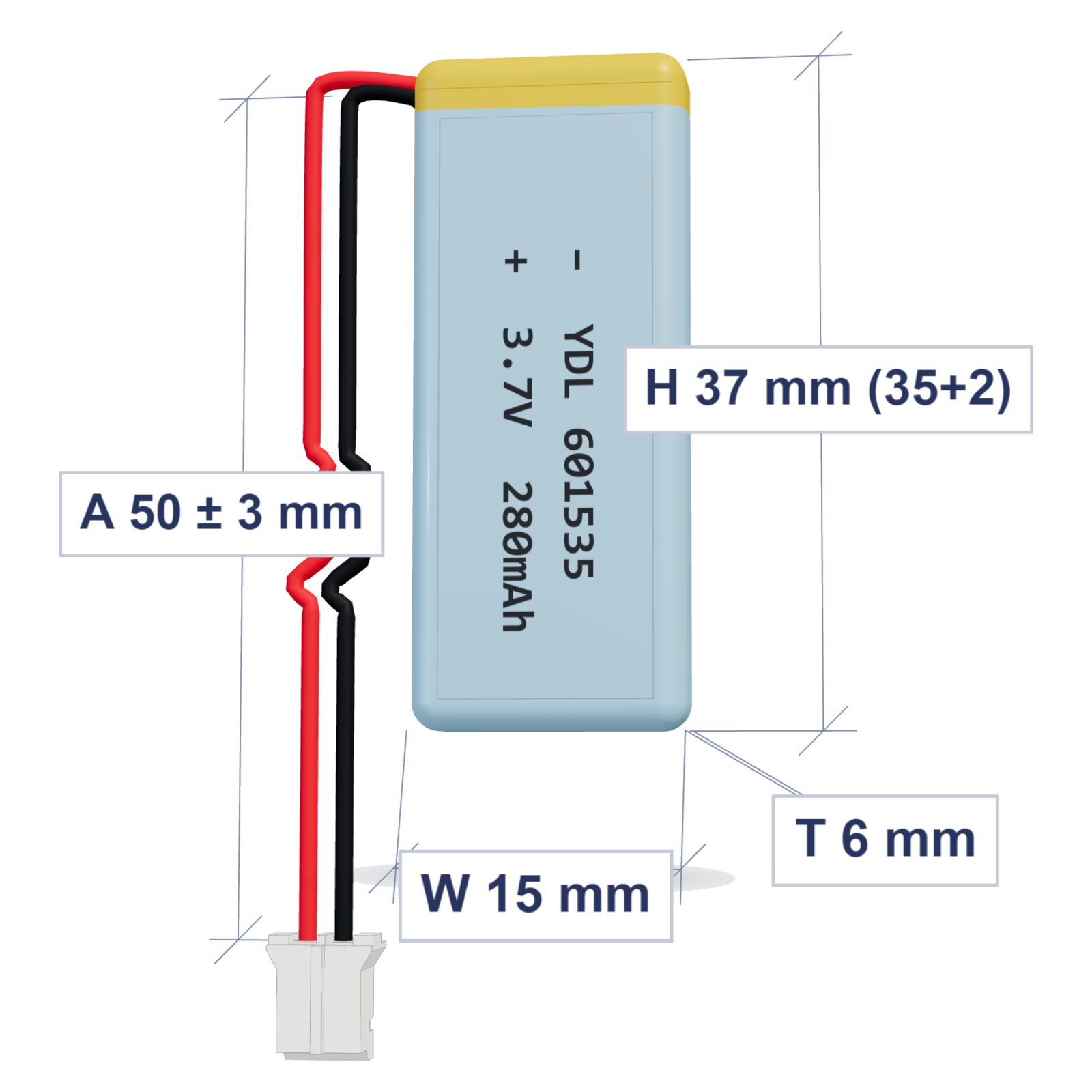 YDL 601535 280mAh 3.7V LiPo battery, 6x15x37mm, PH2.0 connector, 50mm 28AWG leads
