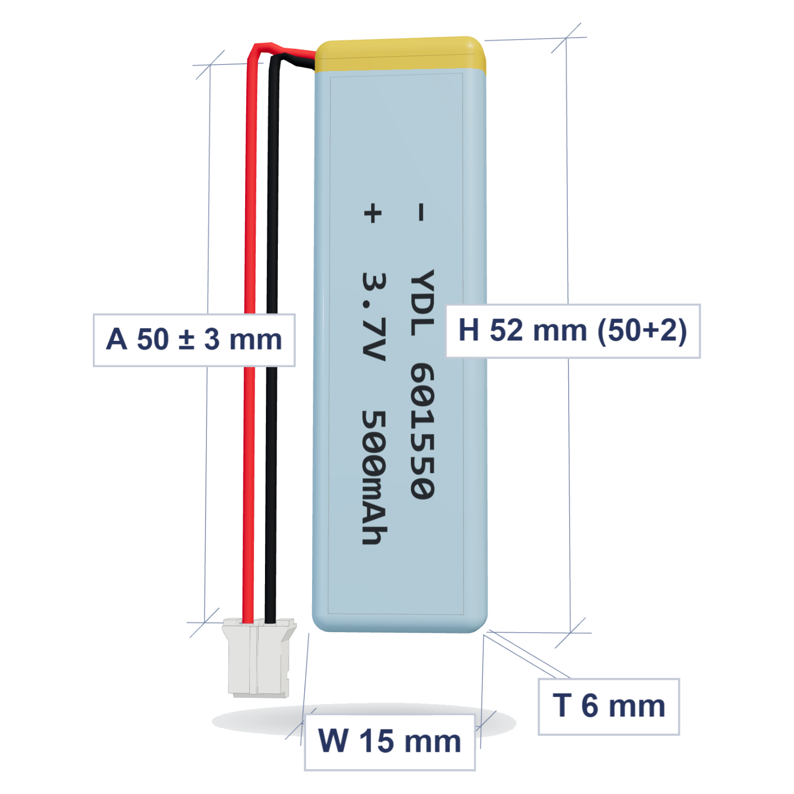 YDL 601550 500mAh 3.7V LiPo battery, 6x15x52mm, PH2.0 connector, 50mm 28AWG leads