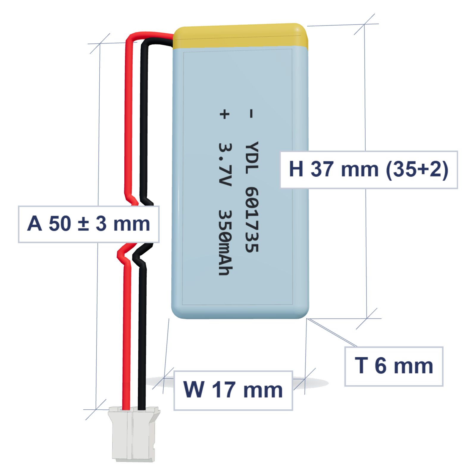 YDL 601735 350mAh 3.7V LiPo battery, 6x17x37mm, PH2.0 connector, 50mm 28AWG leads
