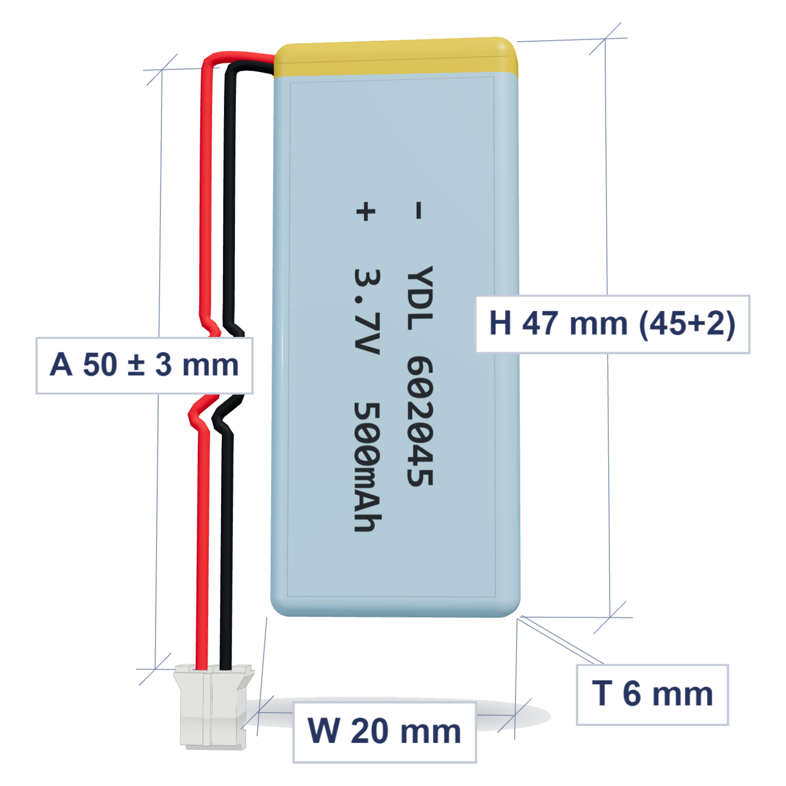 YDL 602045 500mAh 3.7V LiPo battery, 6x20x47mm, PH2.0 connector, 50mm 28AWG leads