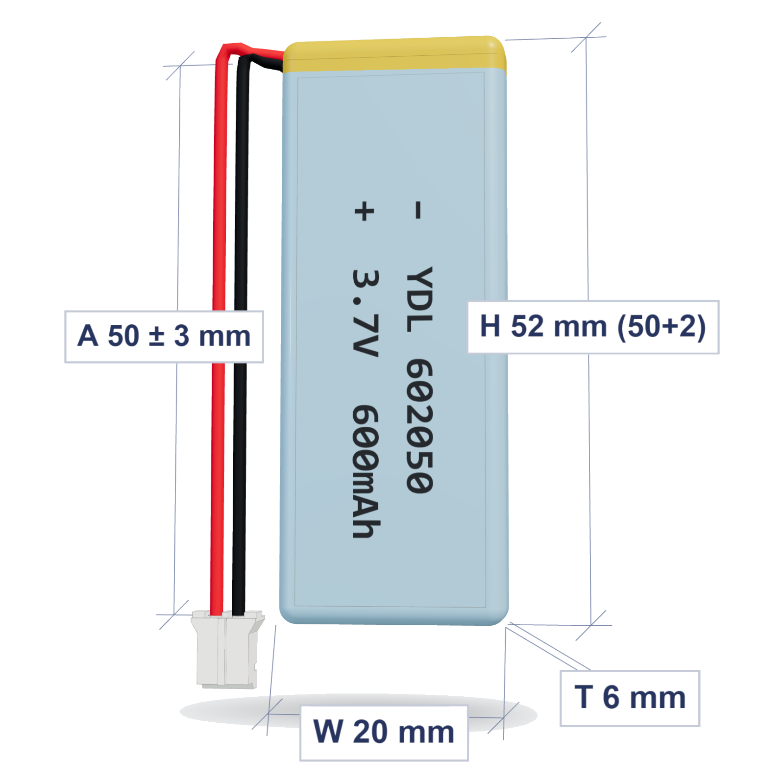 YDL 602050 600mAh 3.7V lithium polymer battery 6x20x52mm with PH2.0 connector and 50mm 26AWG wire, dimensioned 3D view