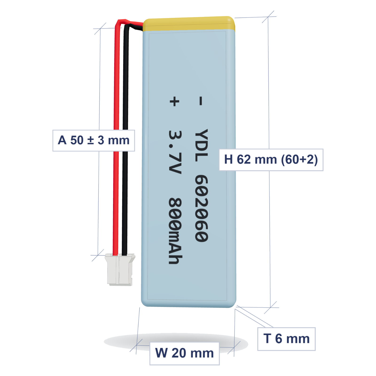 YDL 602060 800mAh 3.7V LiPo battery, 6x20x62mm, PH2.0 connector, 50mm 26AWG leads