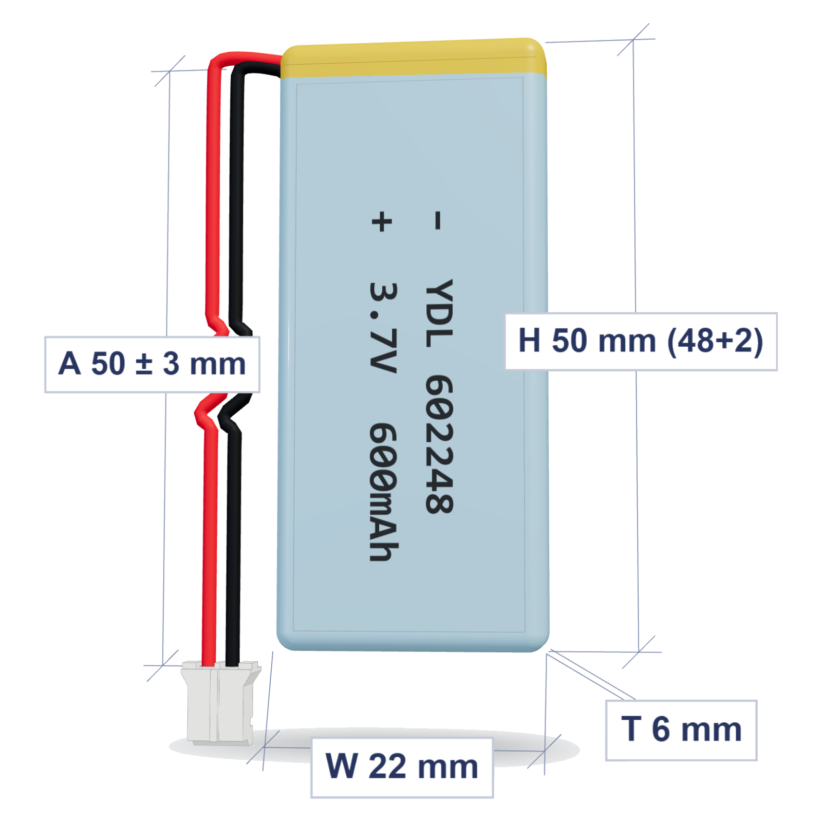 YDL 602248 600mAh 3.7V LiPo battery, 6x22x50mm, PH2.0 connector, 50mm 26AWG leads