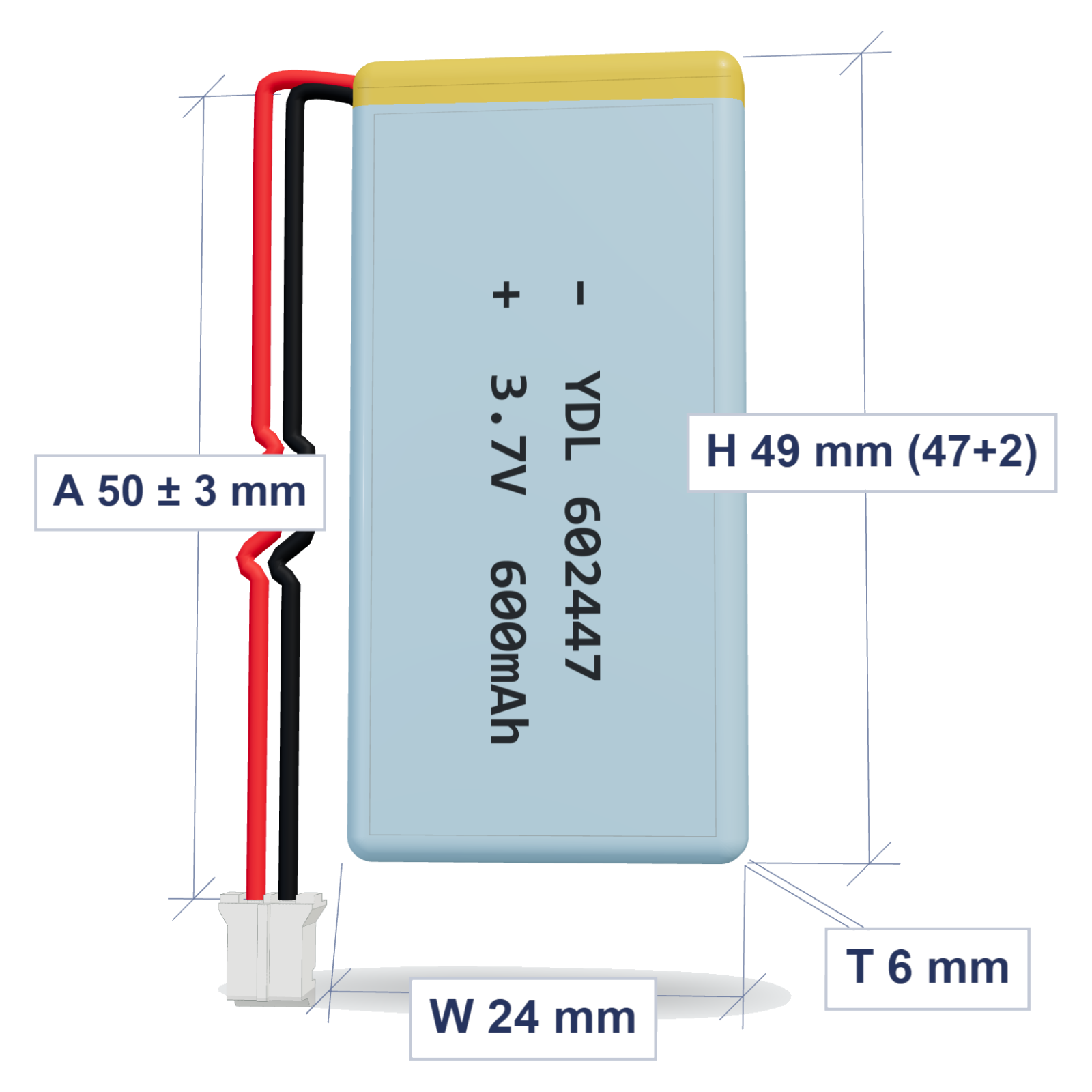 YDL 602447 600mAh dimensions 6x24x49mm, 50mm 26AWG leads
