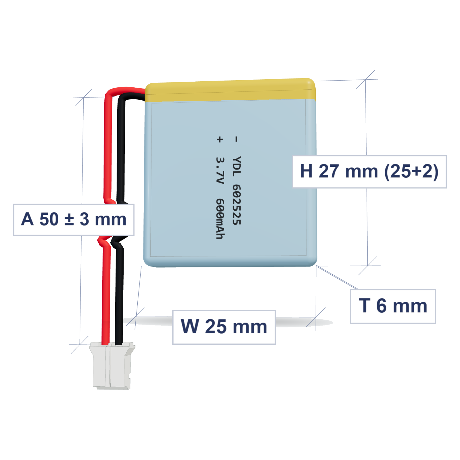 YDL 602525 600mAh 3.7V lithium polymer battery, 6x25x27mm, PH2.0 connector