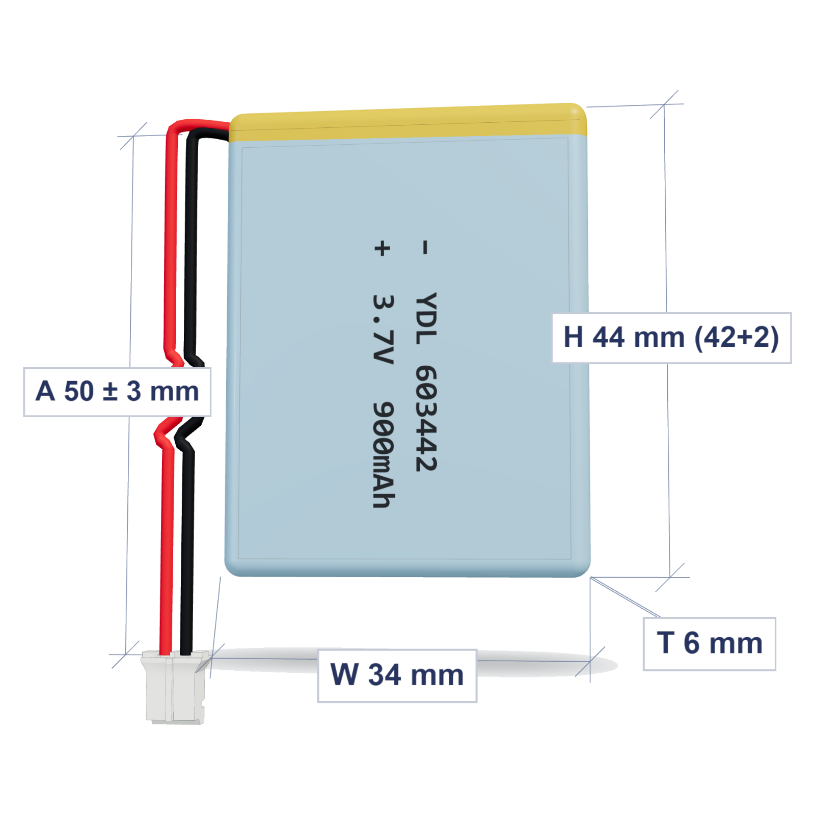 YDL 603442 900mAh 3.7V lithium polymer battery 6x34x44mm with PH2.0 connector and 50mm 26AWG wire, dimensioned 3D view