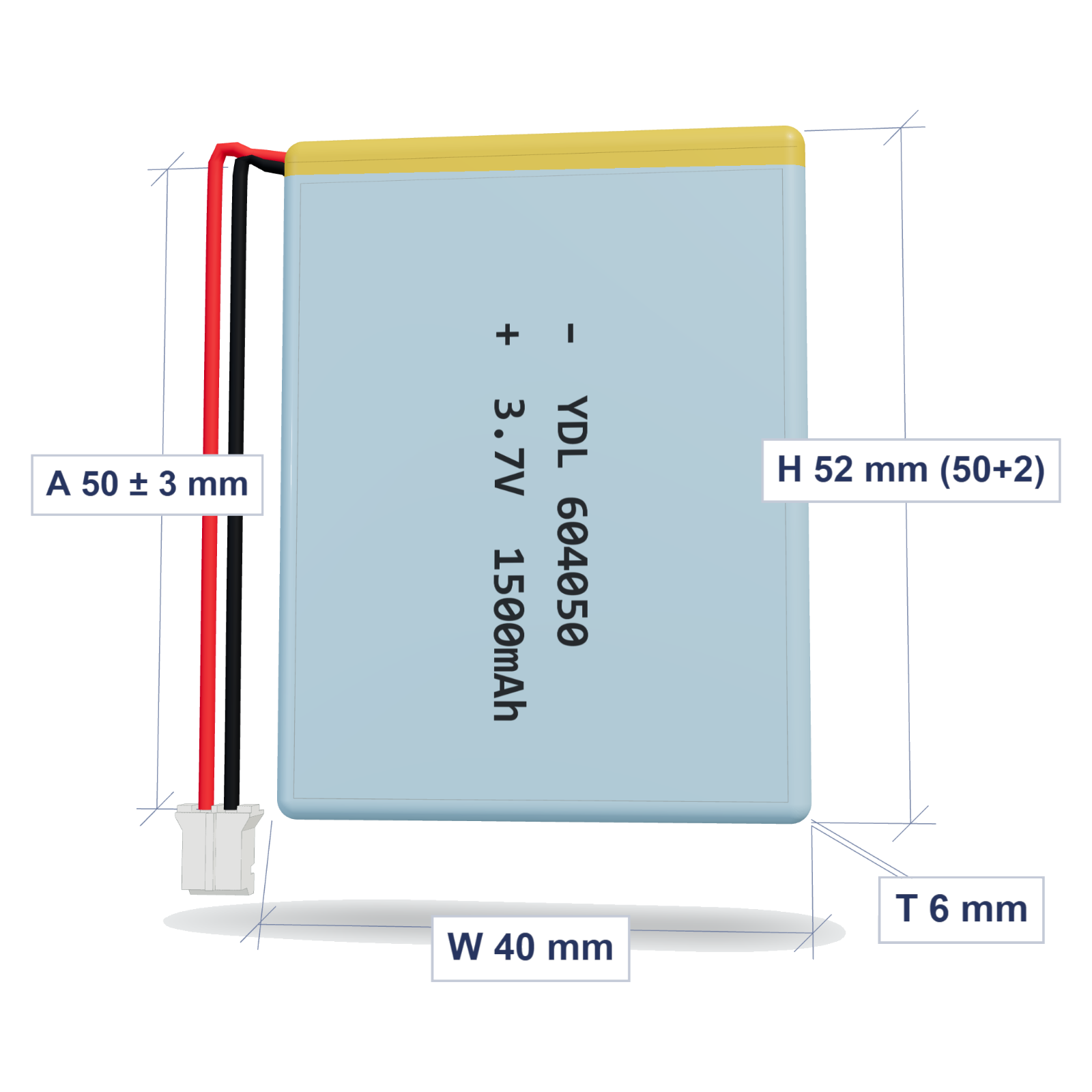 YDL 604050 1500mAh 3.7V lithium polymer battery 6x40x52mm with PH2.0 connector and 50mm 26AWG wire, dimensioned 3D view