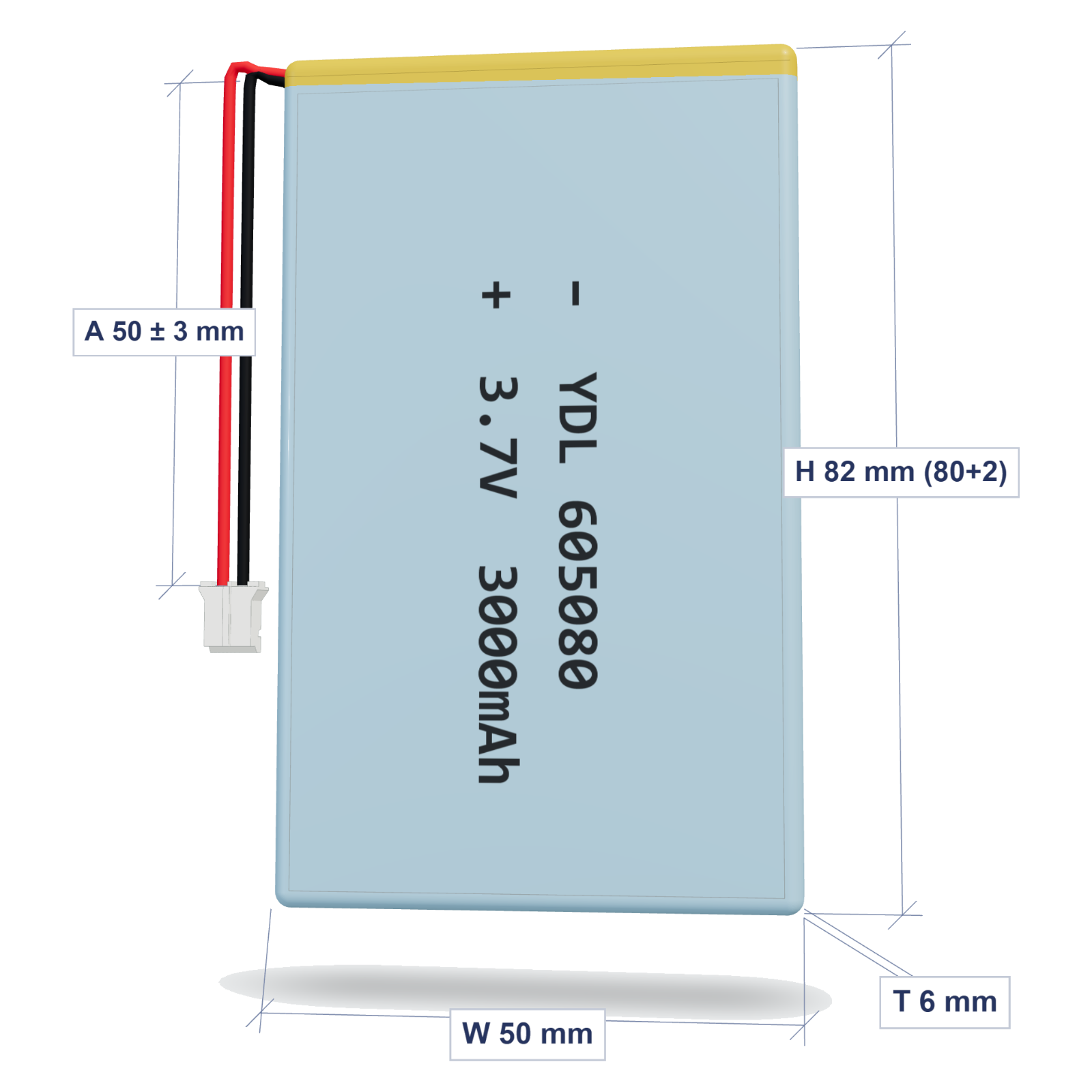YDL 605080 3000mAh dimensions 6x50x82mm, 50mm 26AWG leads