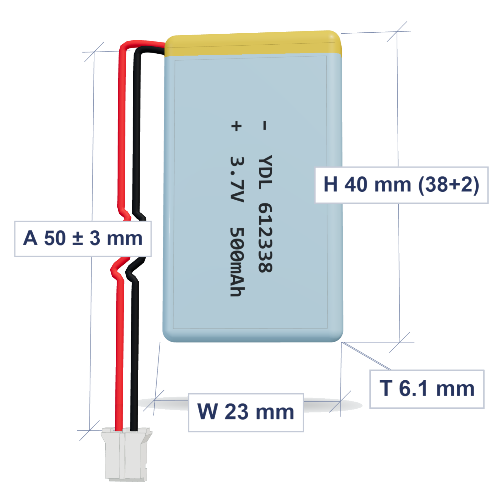 YDL 612338 500mAh dimensions 6.1x23x40mm, 50mm 28AWG leads