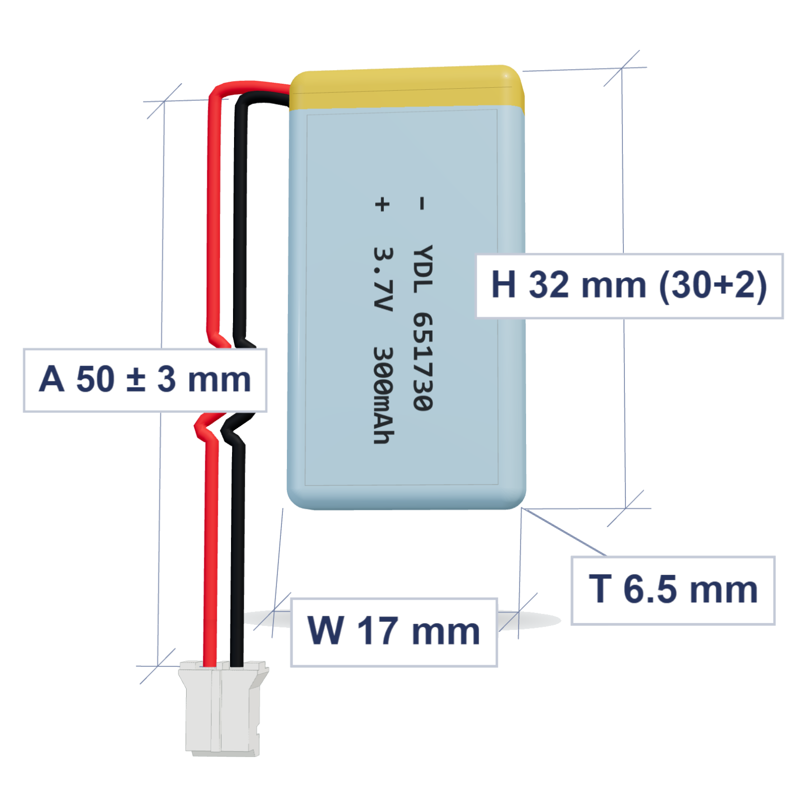 YDL 651730 300mAh 3.7V LiPo battery, 6.5x17x32mm, PH2.0 connector, 50mm 28AWG leads
